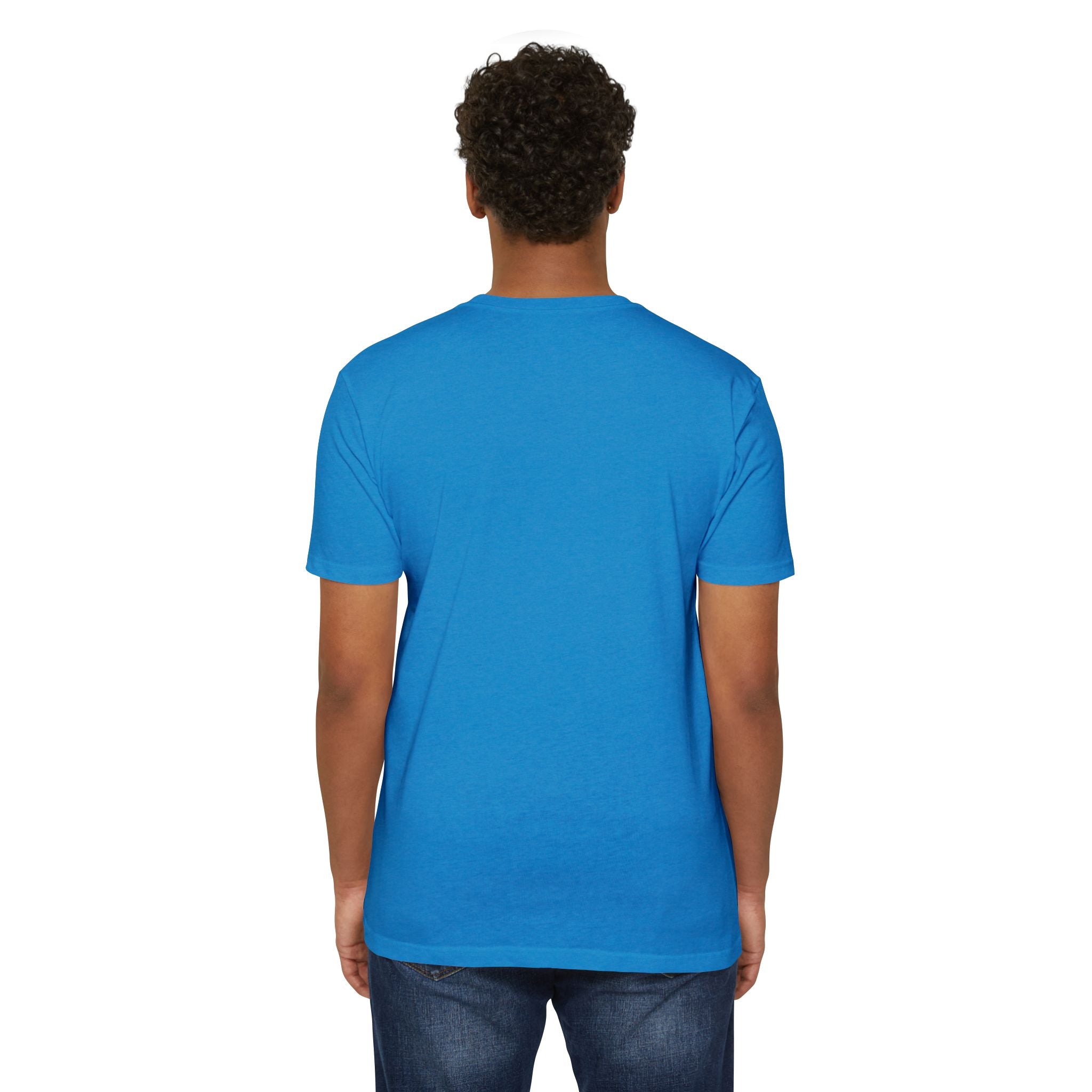 Blue crewneck T-shirt, back view plain with no visible print
