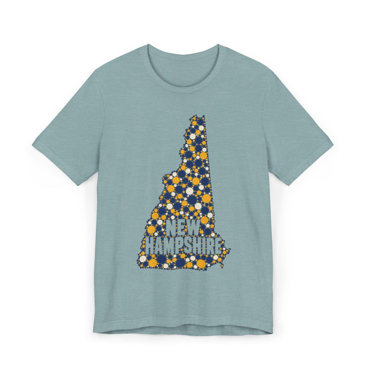 Light blue New Hampshire graphic T-shirt with floral dotted state outline and “NEW HAMPSHIRE” text