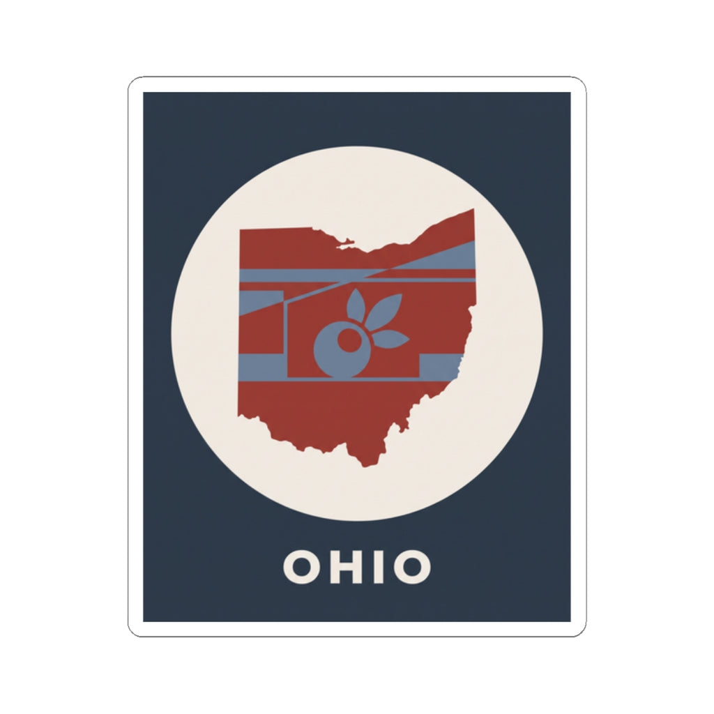 Ohio map sticker featuring apple icon graphic and white OHIO text on blue