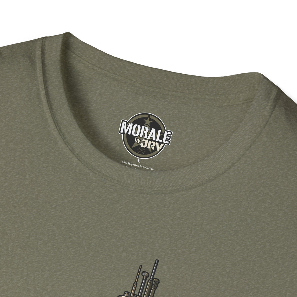 Olive T-shirt with circular “Morale by DRV” logo at the neckline