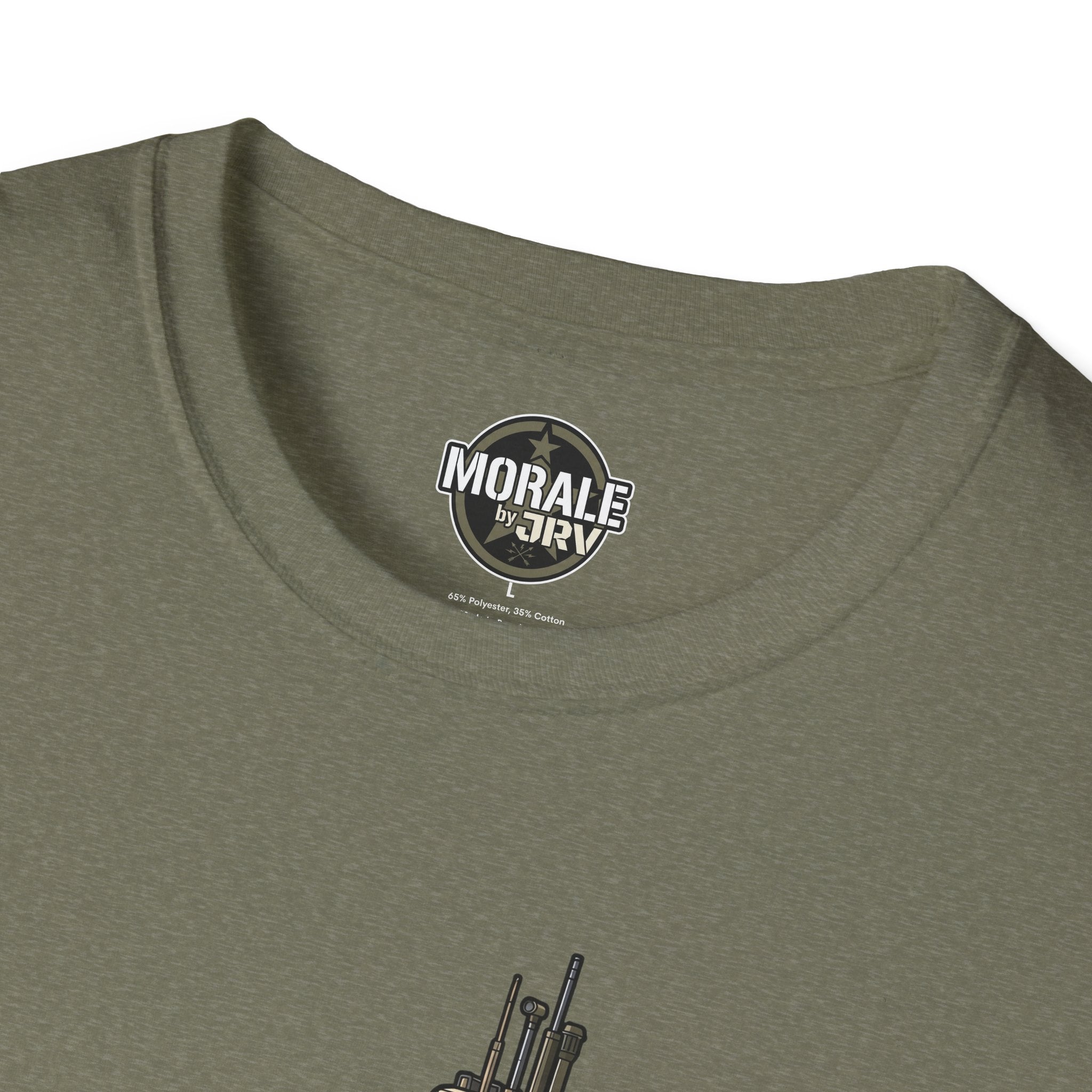 Olive T-shirt with circular “Morale by DRV” logo at the neckline