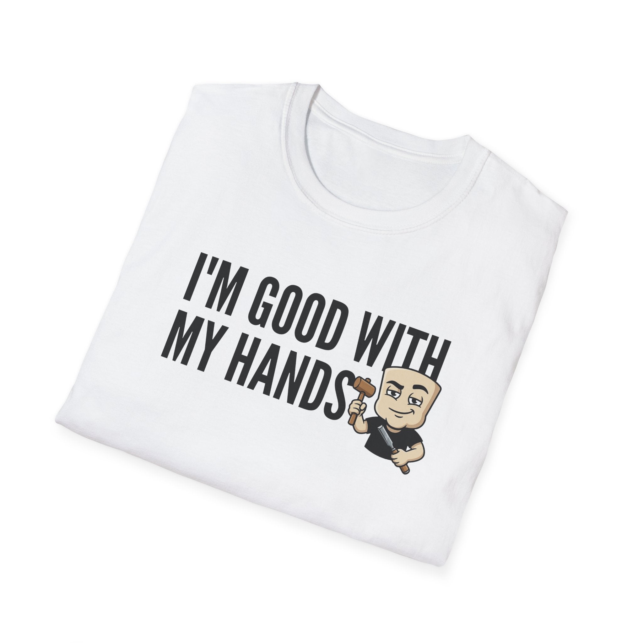 White T-shirt with crew neck, 'I'M GOOD WITH MY HANDS' print and cartoon builder