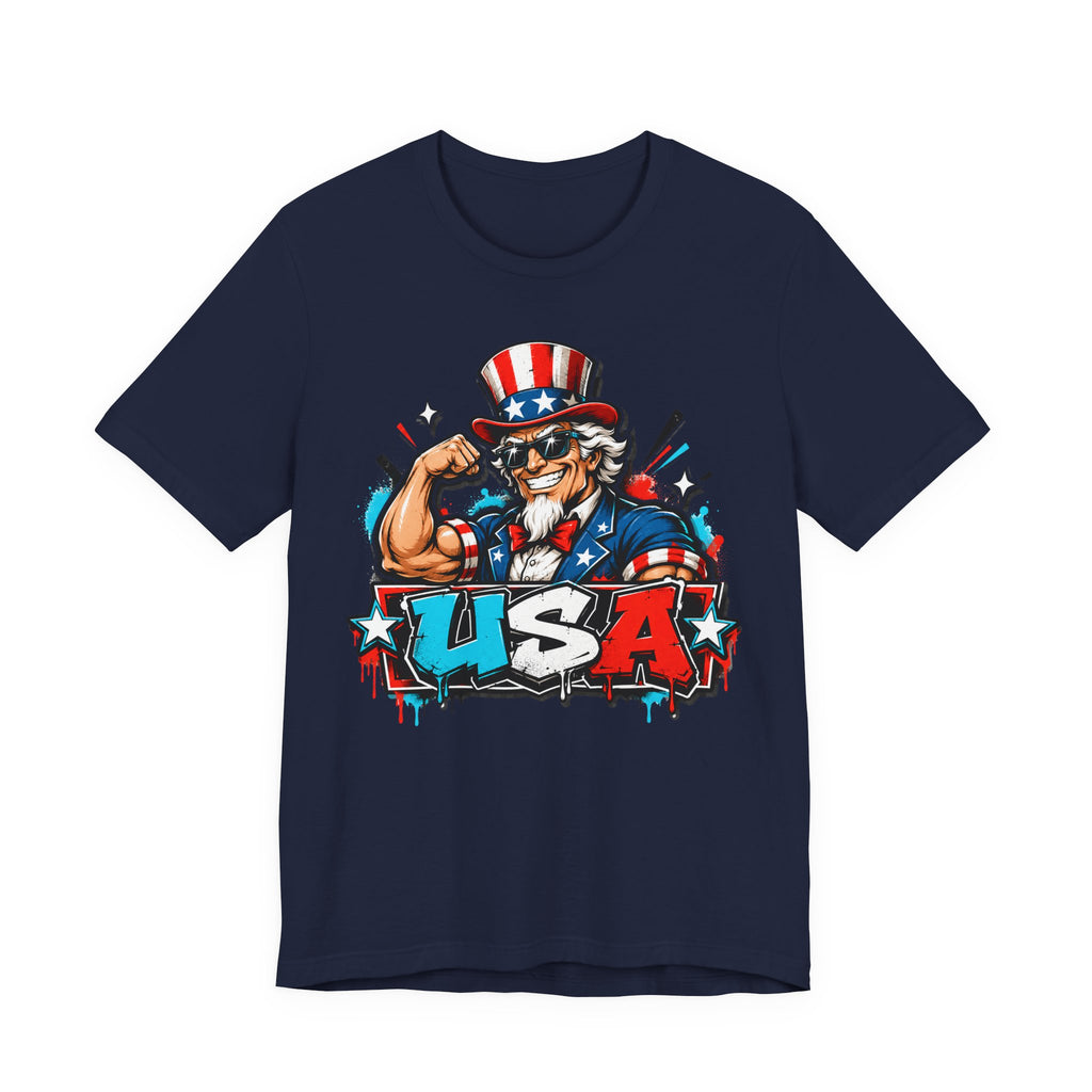 Navy muscle t-shirt with Uncle Sam USA patriotic graphic
