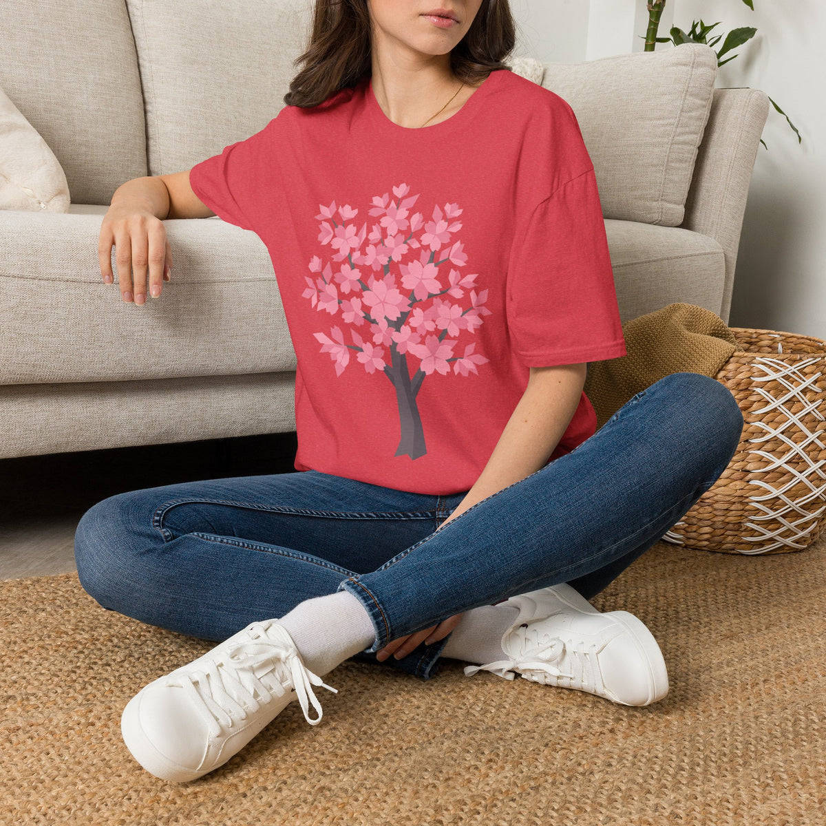 Unisex cherry blossom graphic T-shirt, red-pink, short sleeves, crew neck, tree print