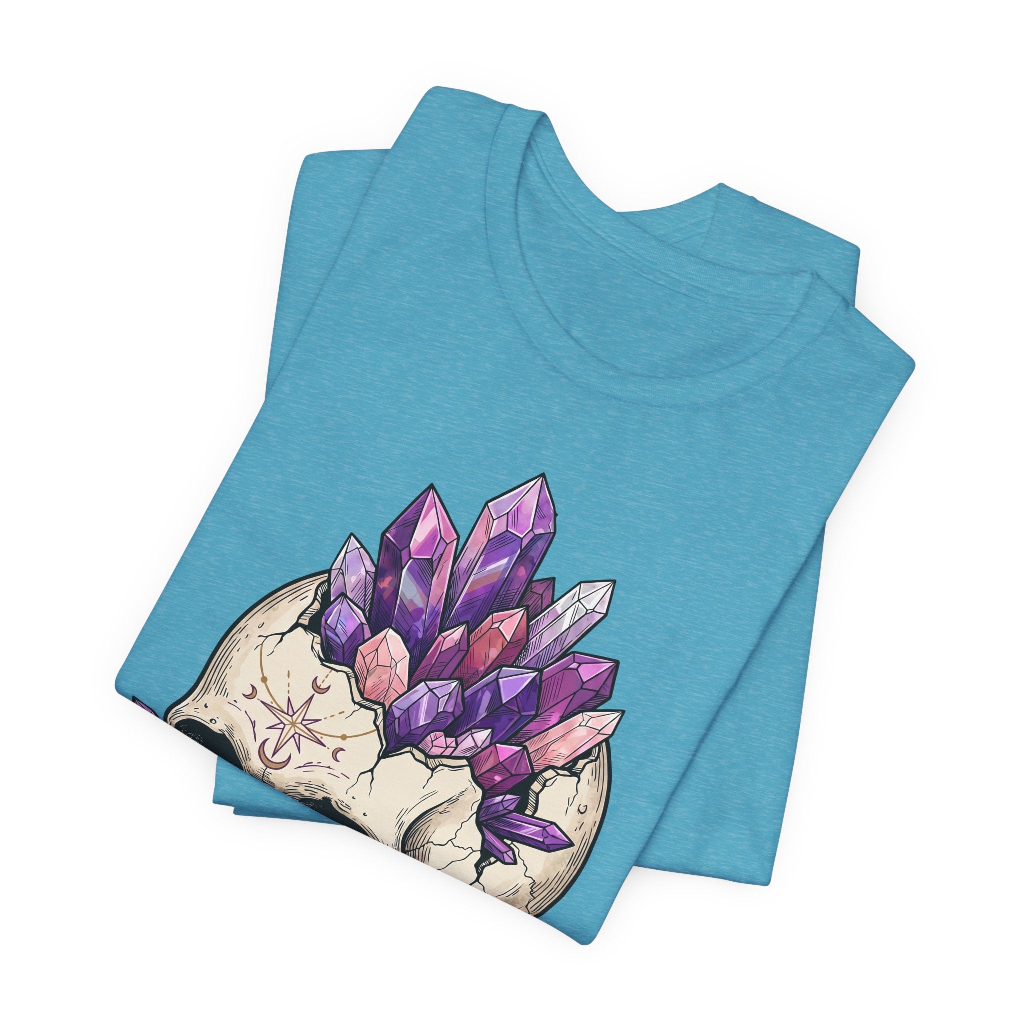 Crystal Skull T-Shirt on heather aqua: purple amethyst crystal skull graphic