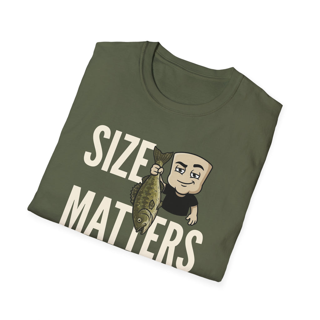 Military green T-shirt with “SIZE MATTERS” text and a cartoon fisherman holding a fish.