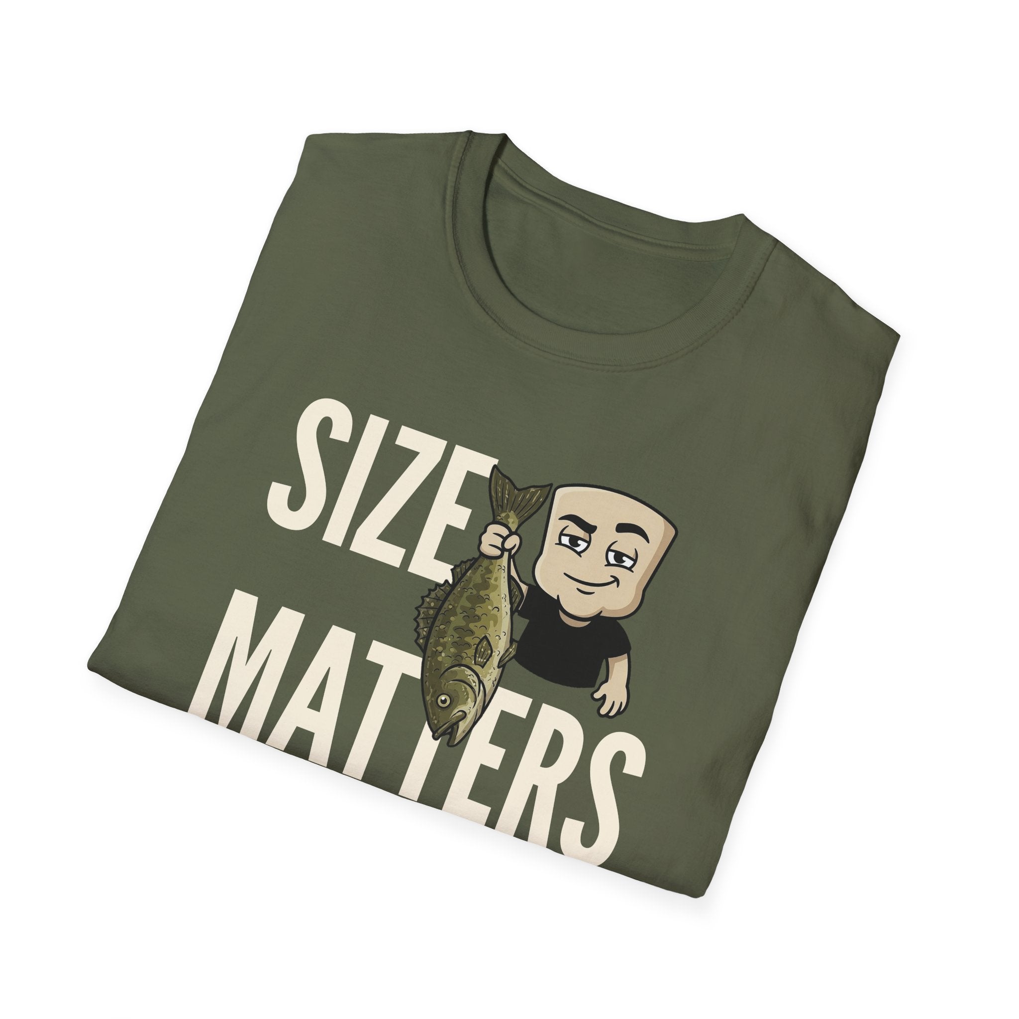 Military green T-shirt with “SIZE MATTERS” text and a cartoon fisherman holding a fish.