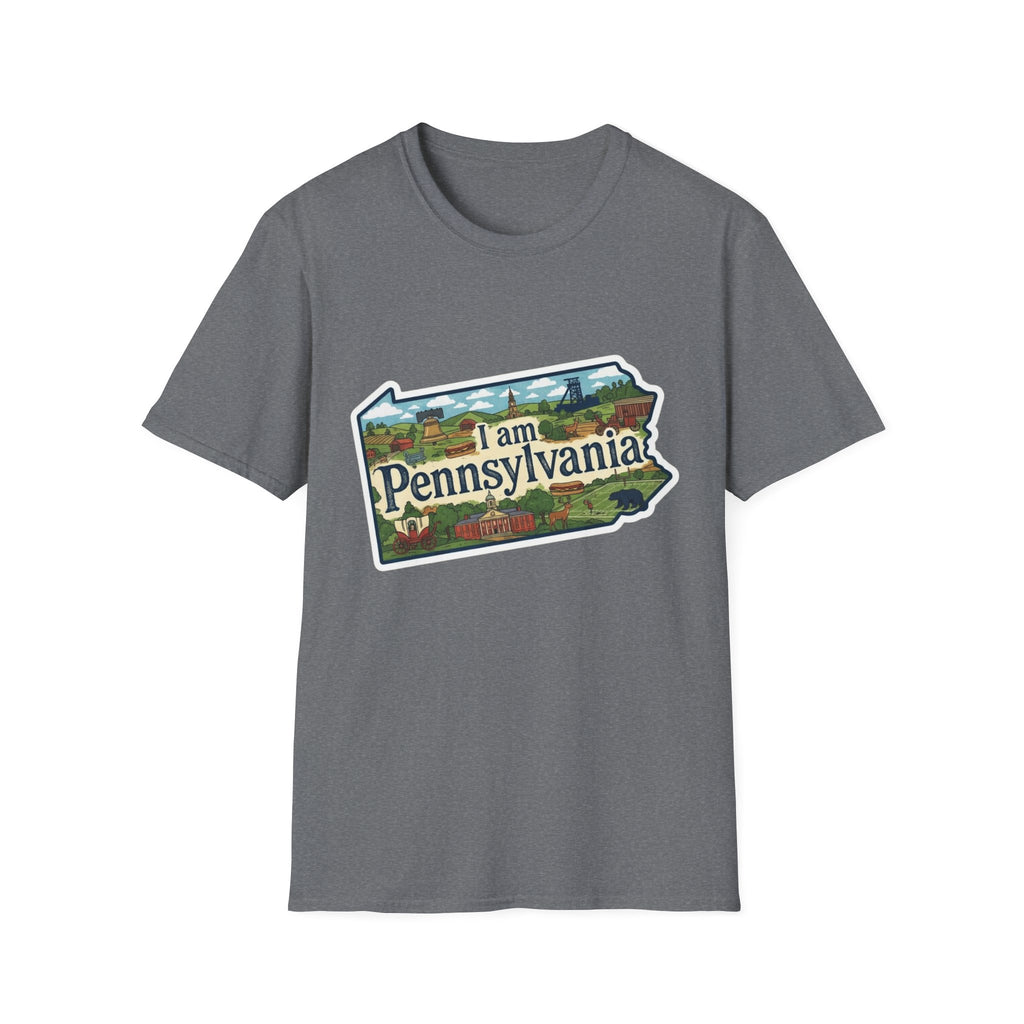 I am Pennsylvania T-shirt (Dark Heather) with Pennsylvania scenic landmarks front graphic