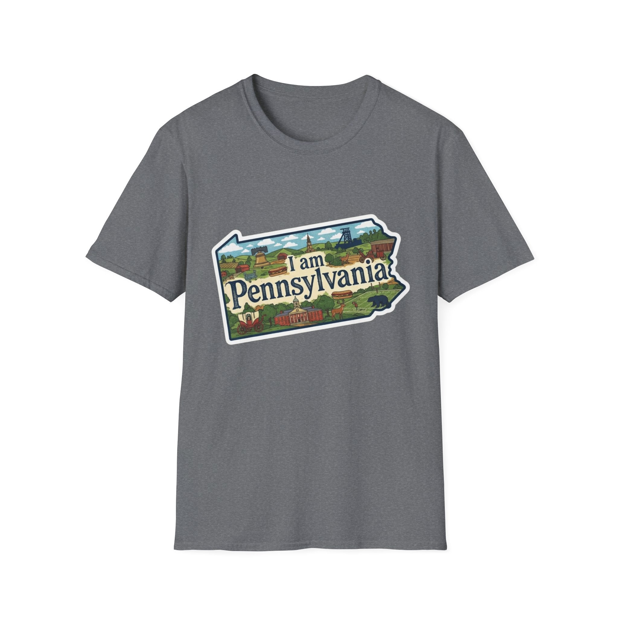 I am Pennsylvania T-shirt (Dark Heather) with Pennsylvania scenic landmarks front graphic