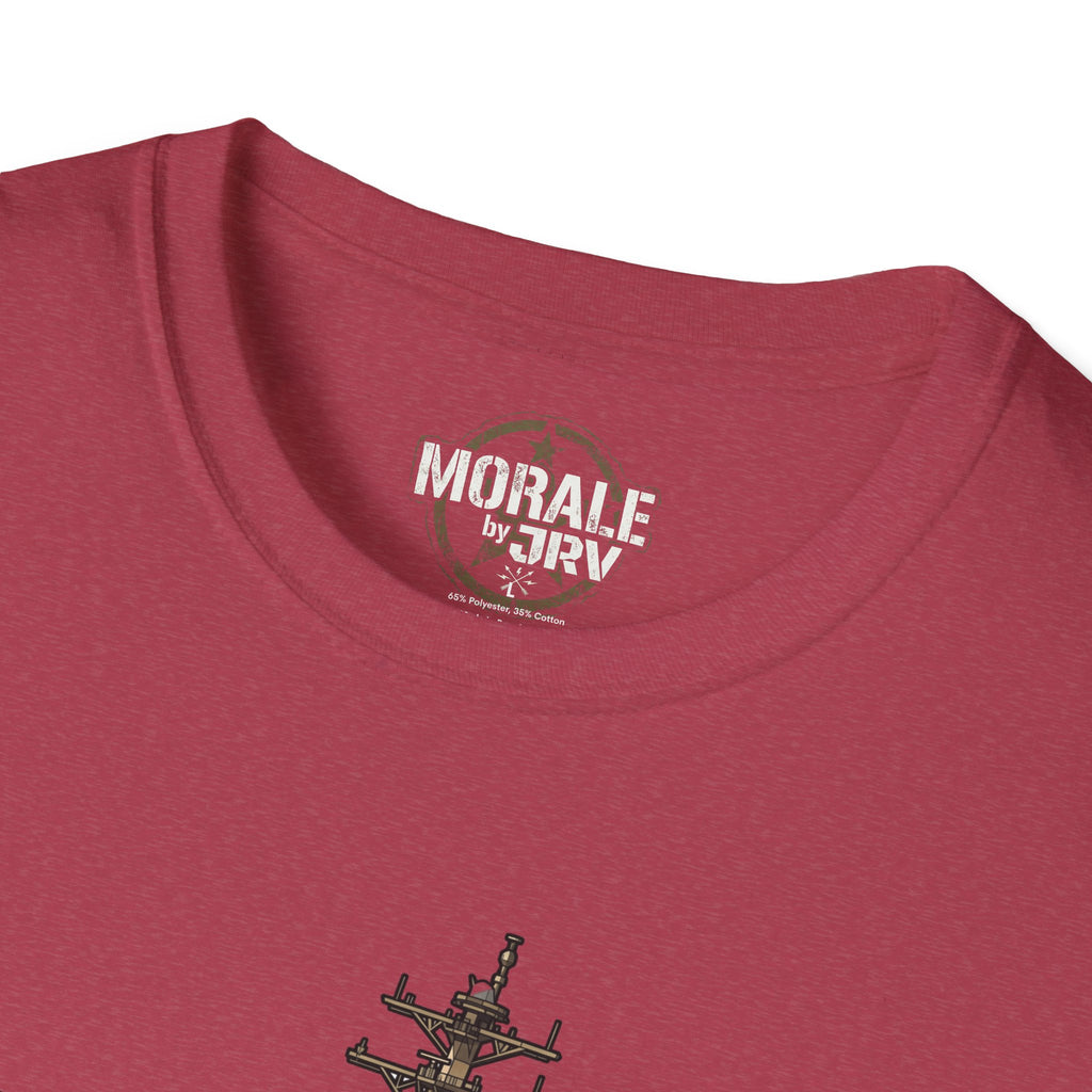 Maroon T-shirt with front crest logo and small ship graphic on chest