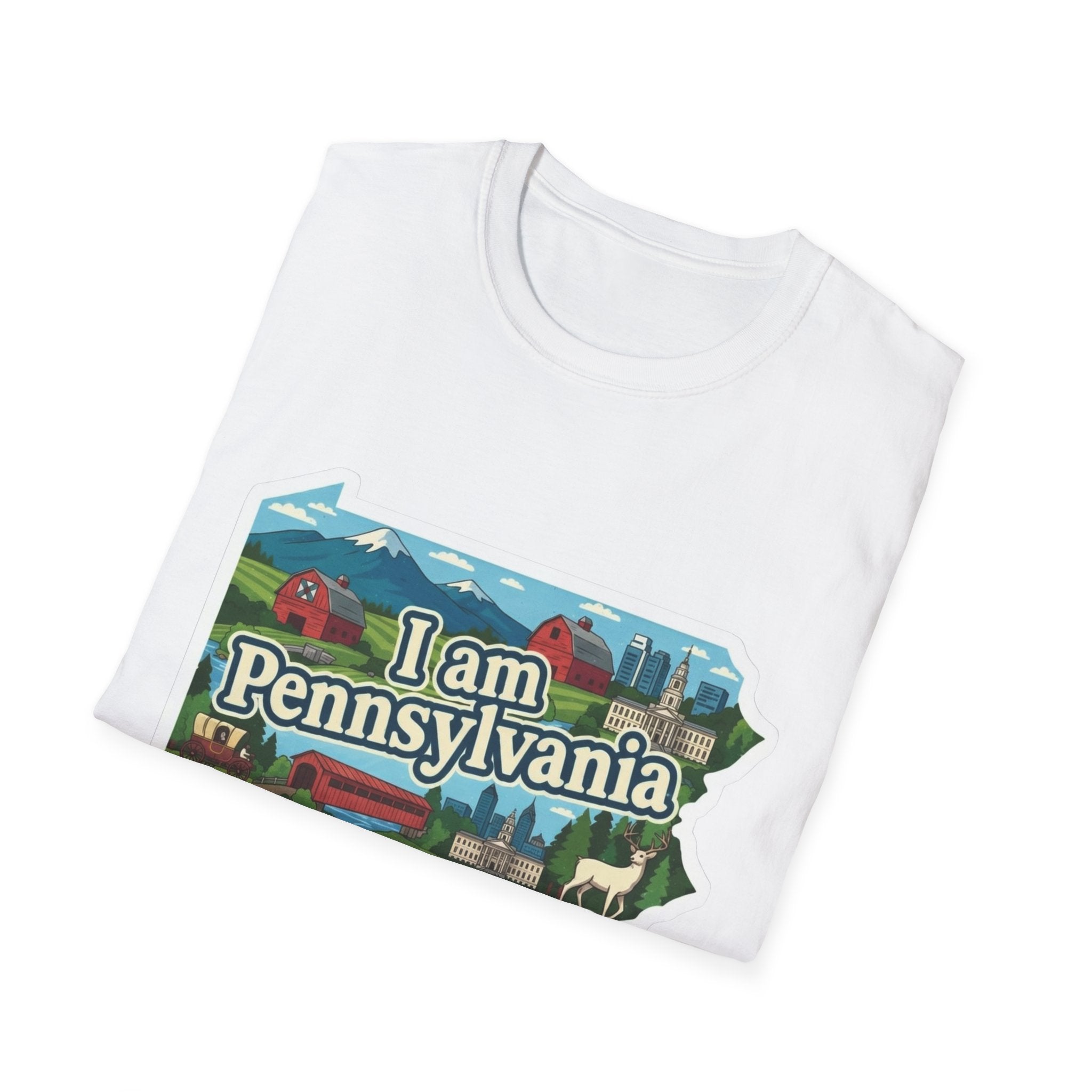 White T-shirt with “I am Pennsylvania” map graphic and landmarks, angled view