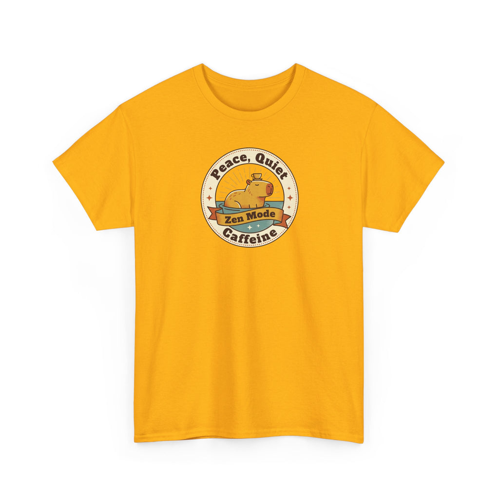 Orange T-shirt with round capybara peace-and-coffee graphic on chest