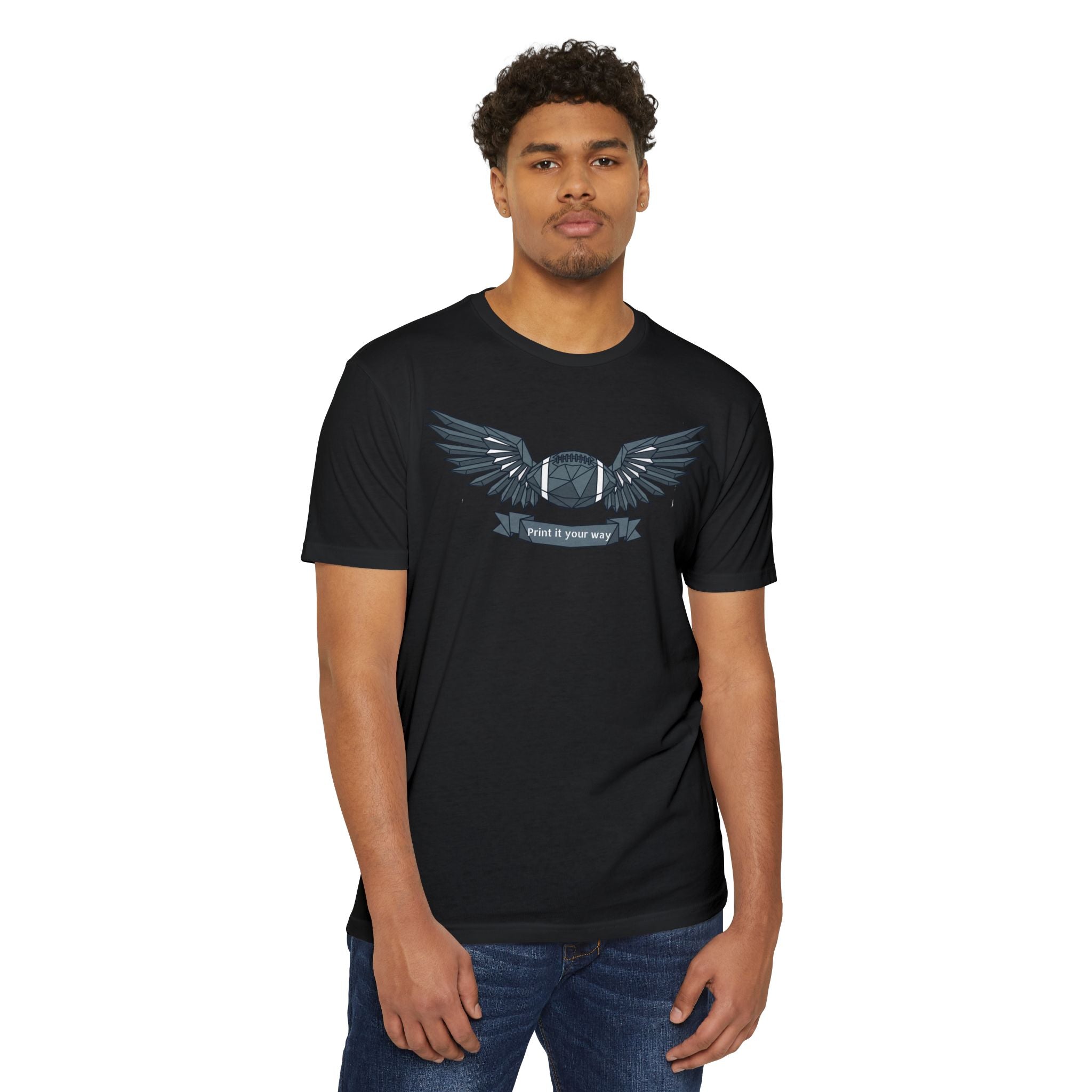 Black short-sleeve T-shirt with blue winged camera emblem on chest
