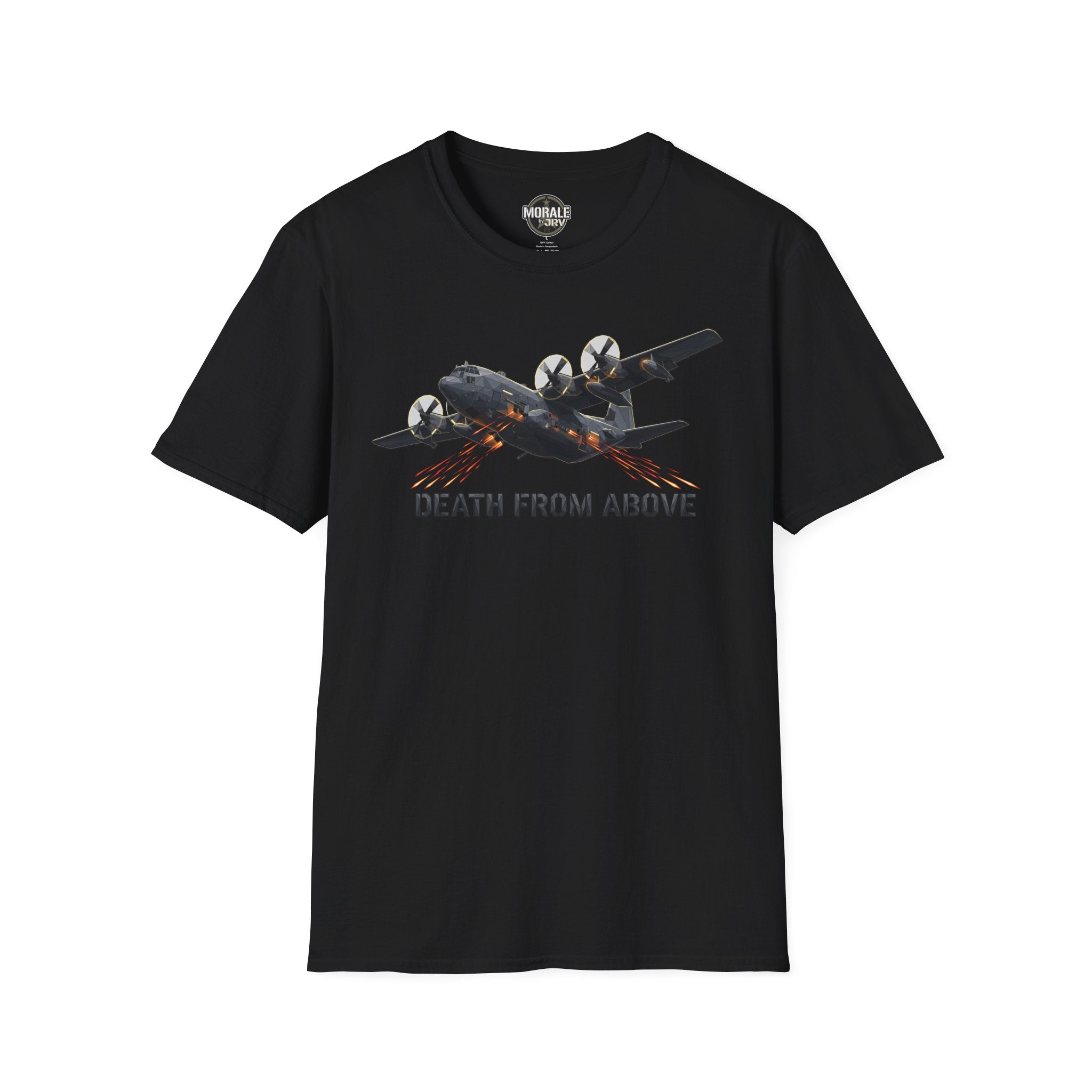 Death From Above T-Shirt in black with military plane graphic and orange flame text