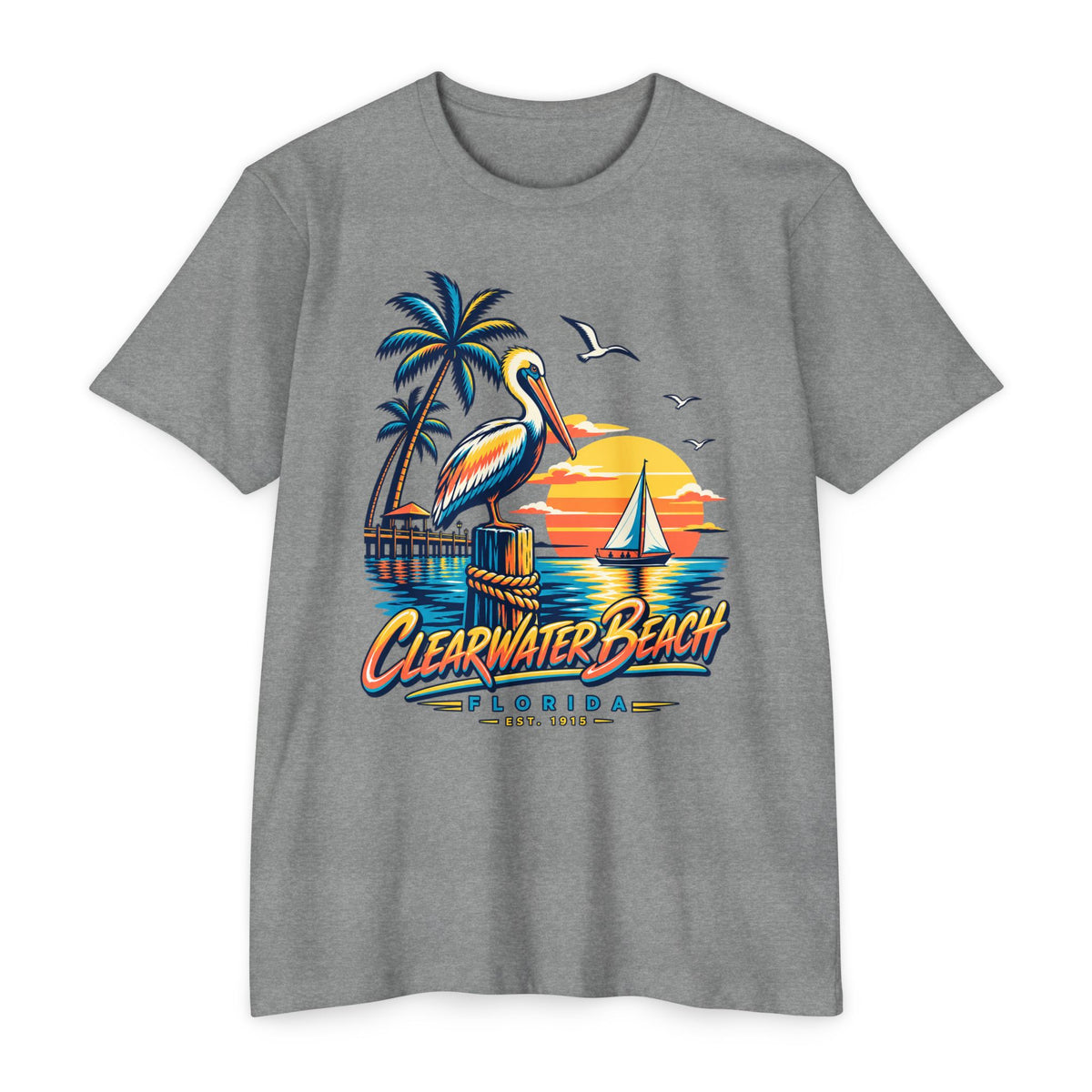 Gray crew-neck t-shirt with pelican, palm, sailboat sunset and Clearwater Beach graphic
