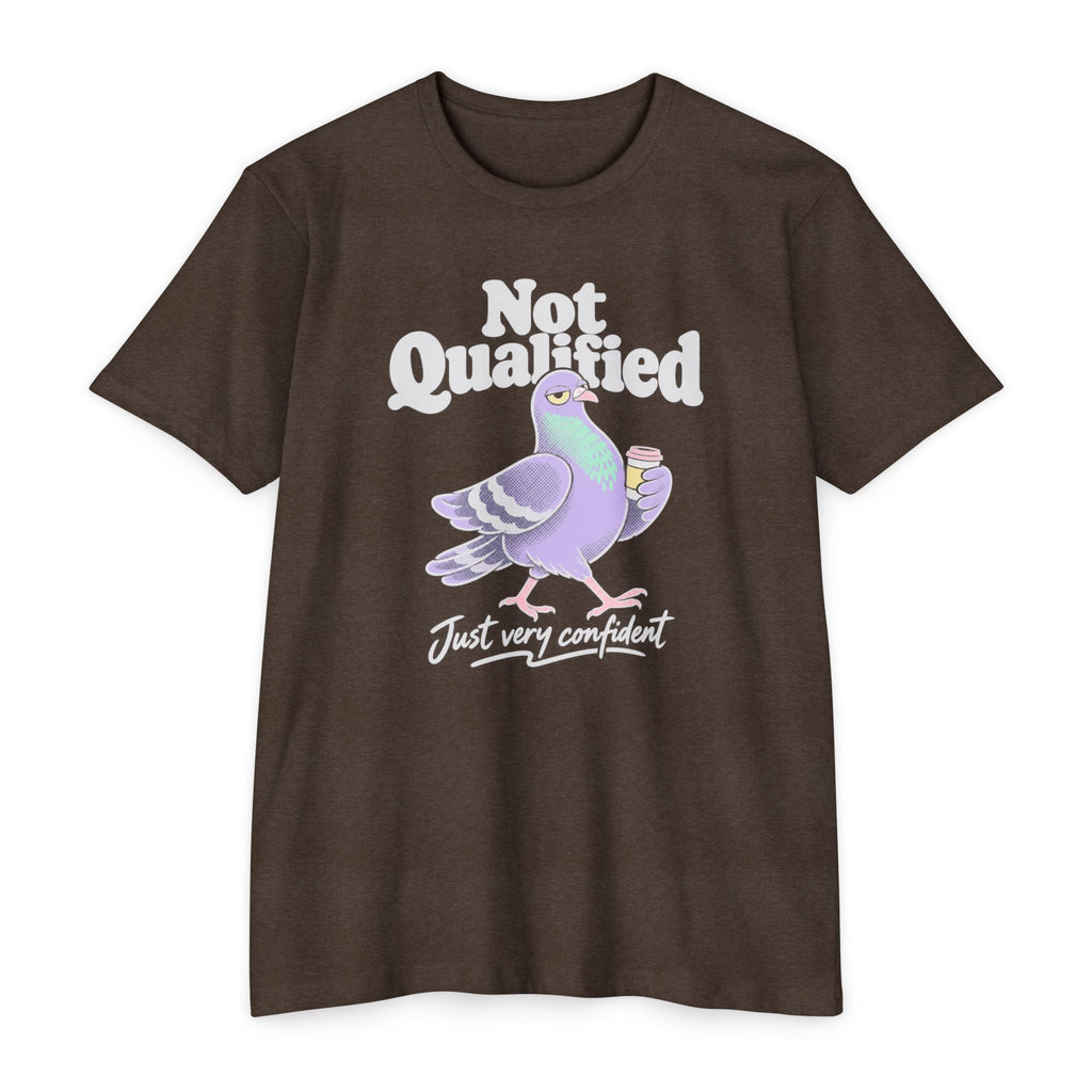 Brown crew-neck T-shirt with Not Qualified pigeon graphic