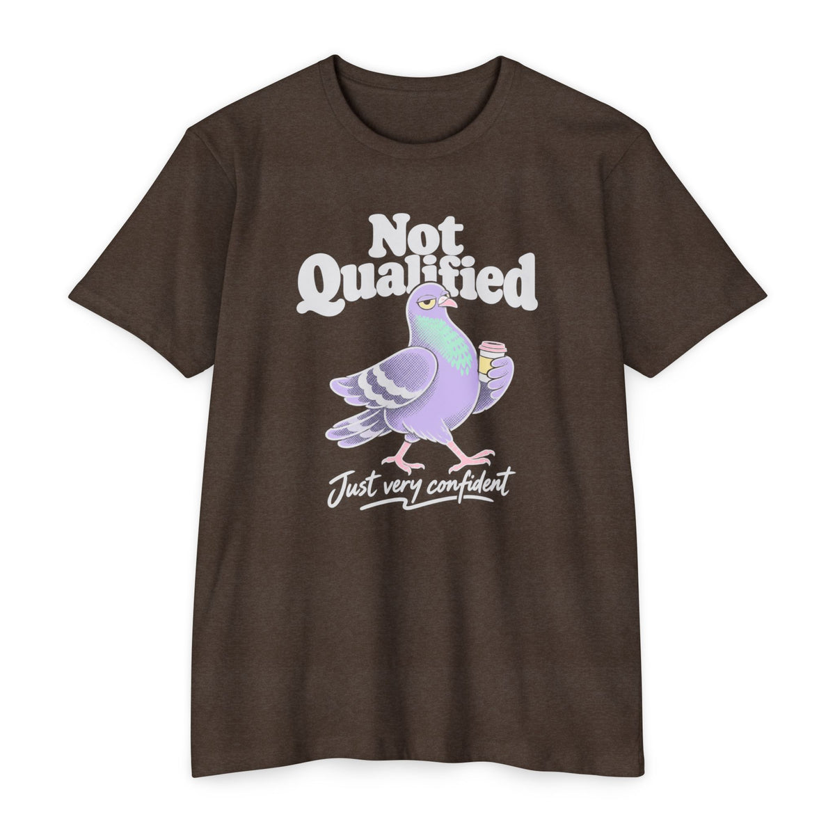 Brown crew-neck T-shirt with Not Qualified pigeon graphic