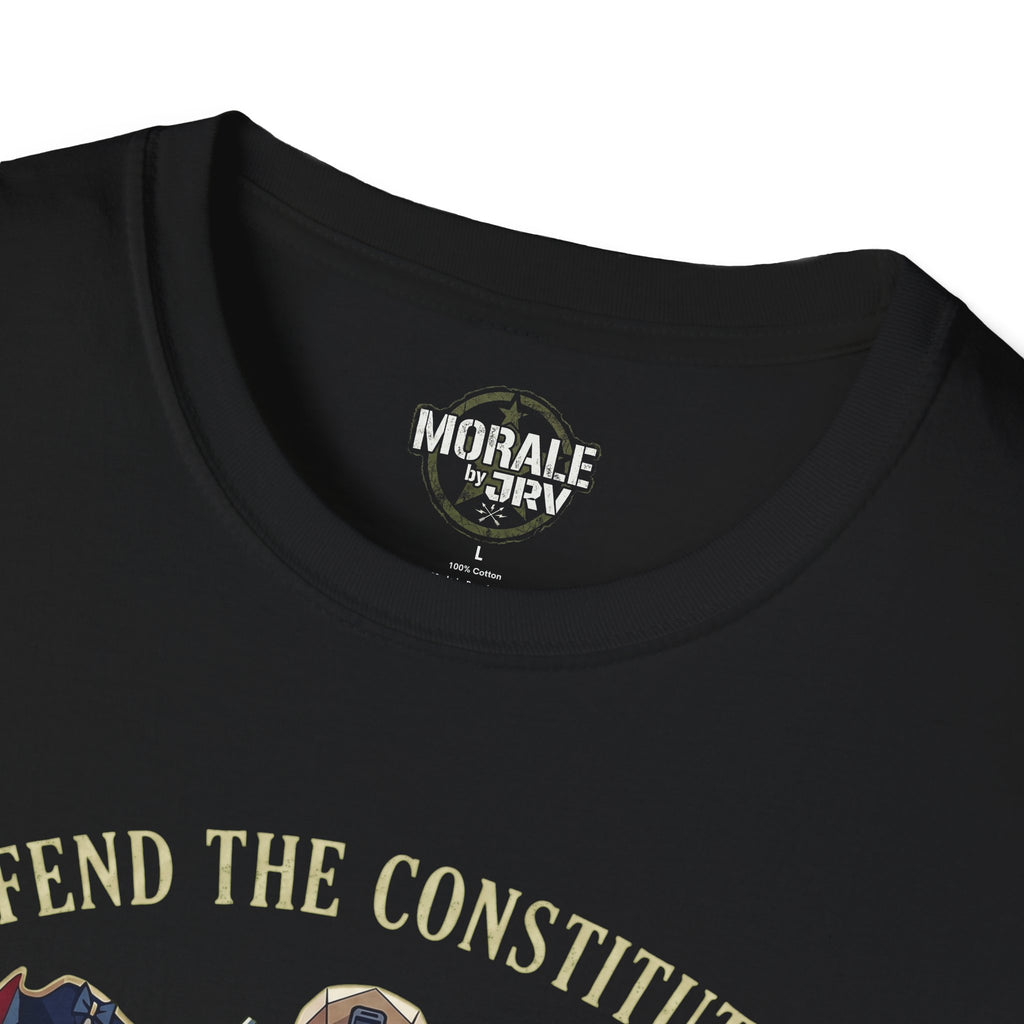 Black T-shirt neckline with small brand logo