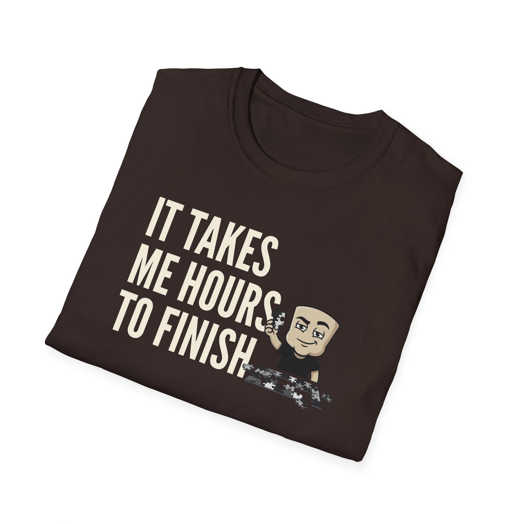 Dark brown T-shirt with puzzle quote graphic