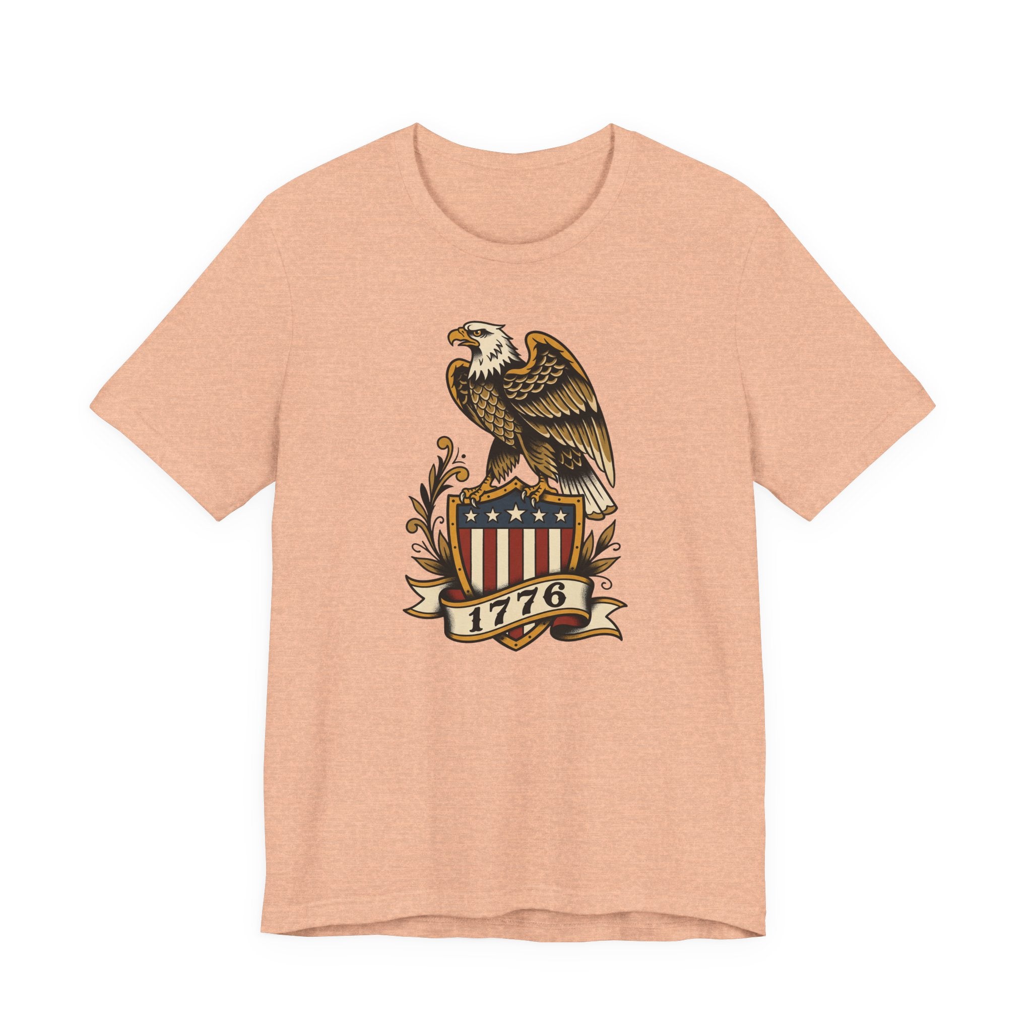 Light brown t-shirt with eagle shield graphic and banner reading 1776