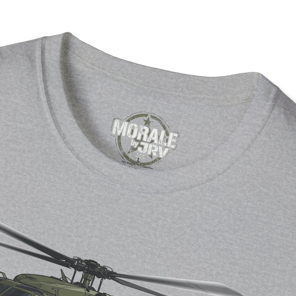 Black Hawk T-Shirt, Dark Heather Grey, collar logo with partial helicopter graphic