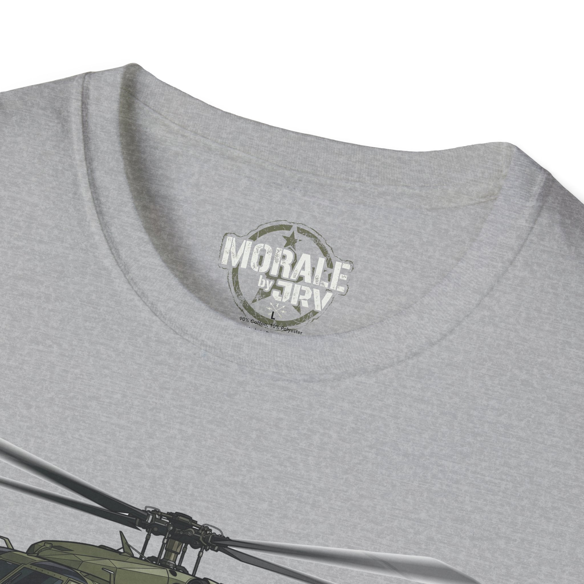 Black Hawk T-Shirt, Dark Heather Grey, collar logo with partial helicopter graphic