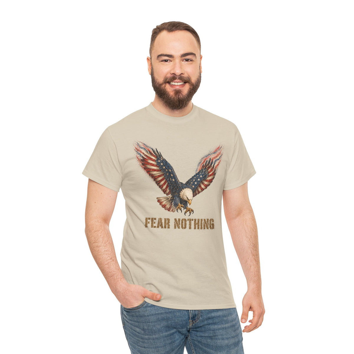 Beige crew-neck t-shirt with eagle graphic and "FEAR NOTHING" text on chest.