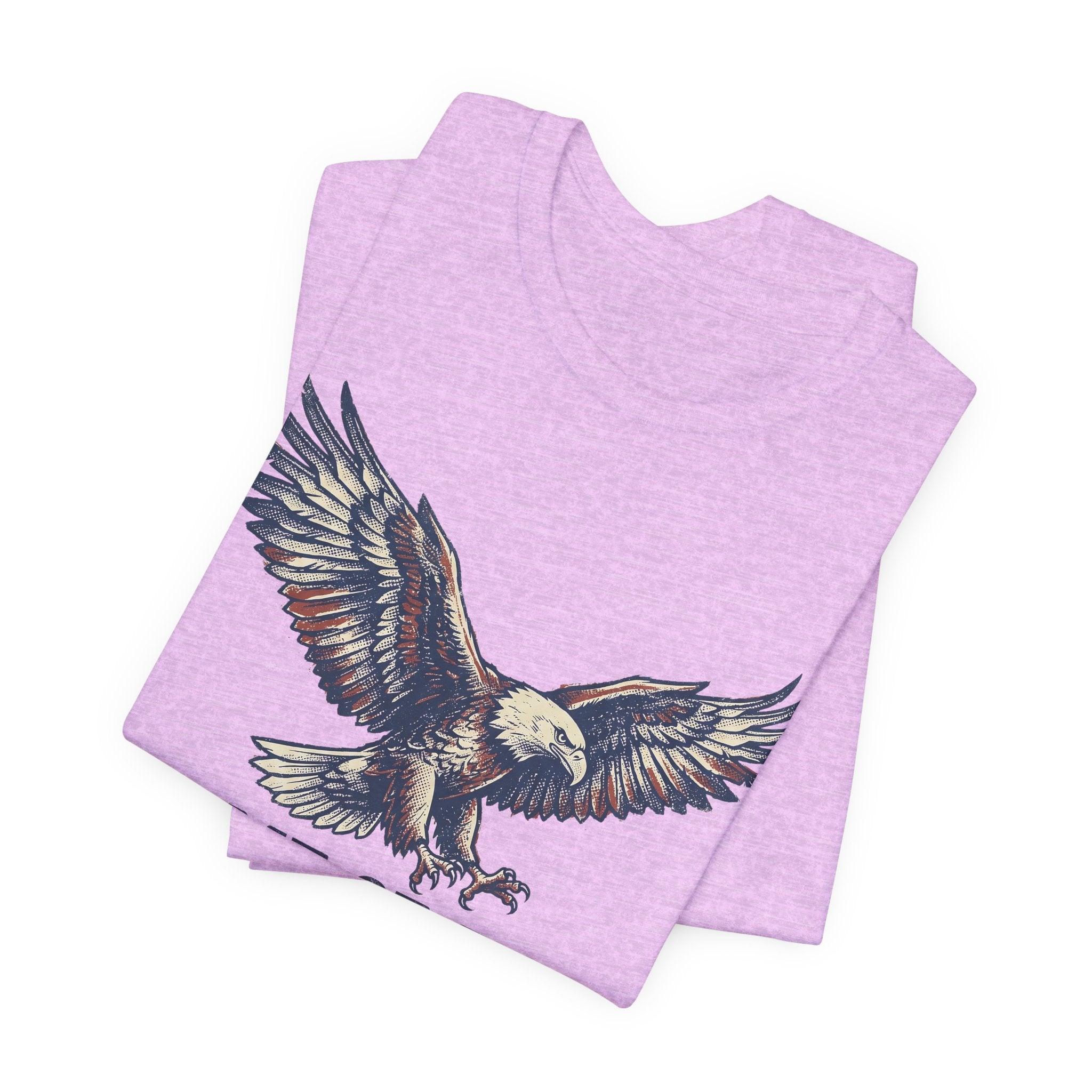 Heathered lilac crew-neck T-shirt with flying bald eagle graphic on front.