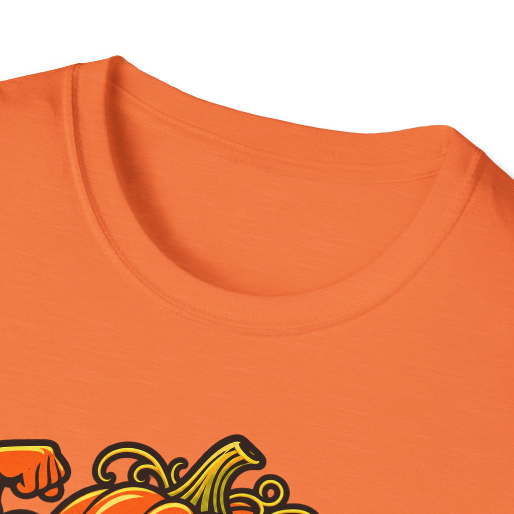 Orange Halloween gym t-shirt close-up of crew neck and partial pumpkin graphic