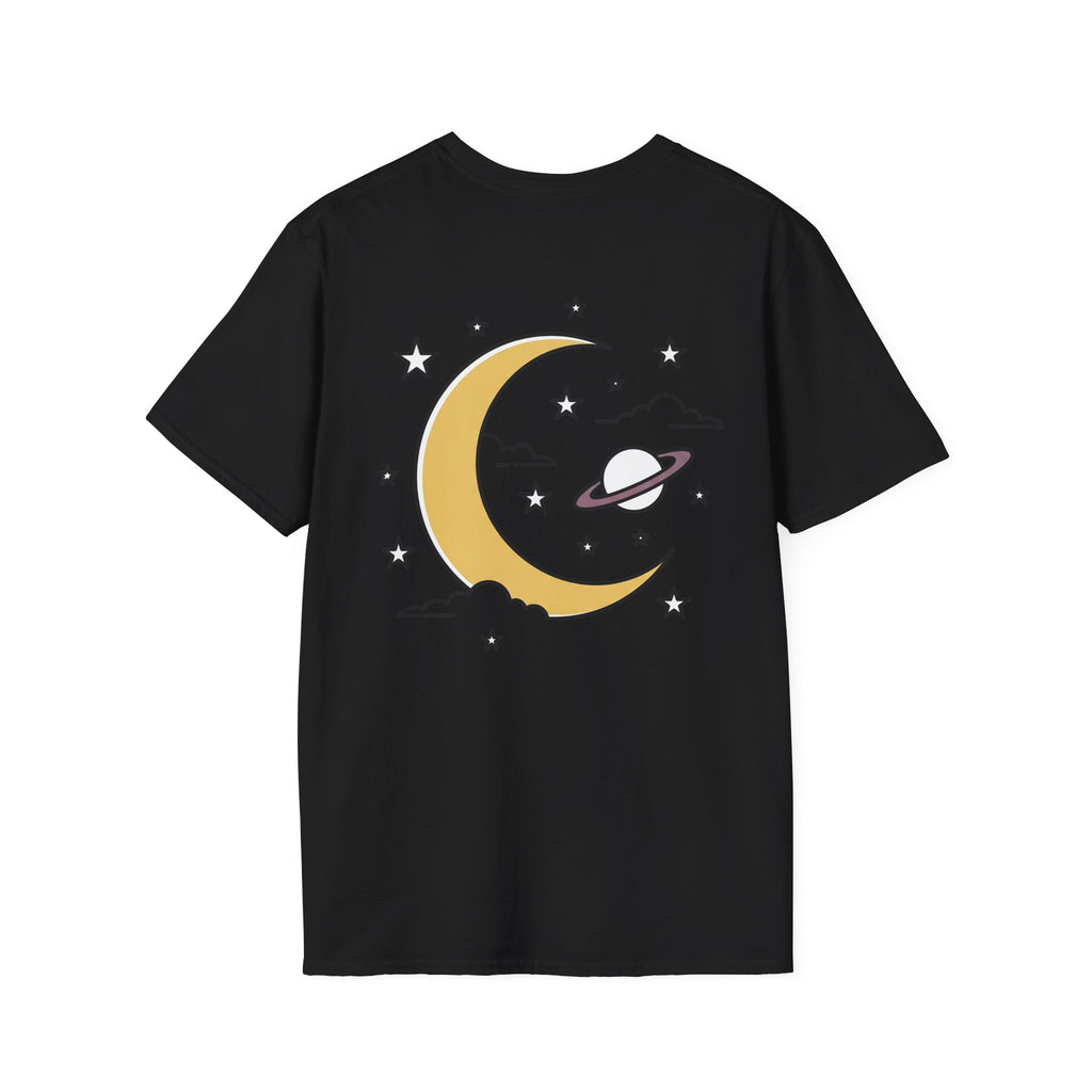 Black unisex T-shirt with yellow crescent moon and ringed planet with stars