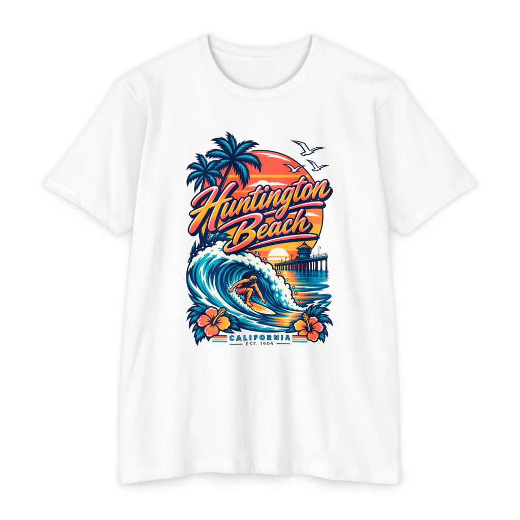 White T-shirt with surf wave, palm trees, and sunset graphic