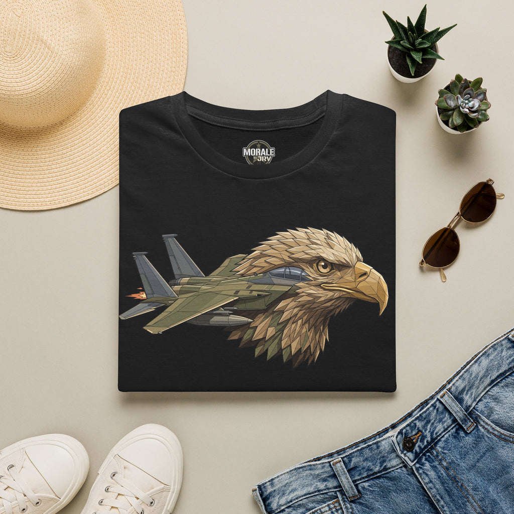 Black T-shirt with eagle head and military jet graphic on the front