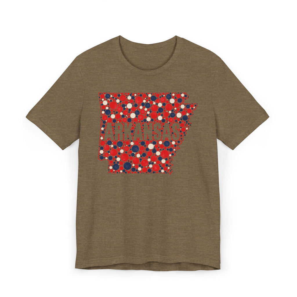 Brown T-shirt with Arkansas outline graphic in red, white, and blue dot pattern