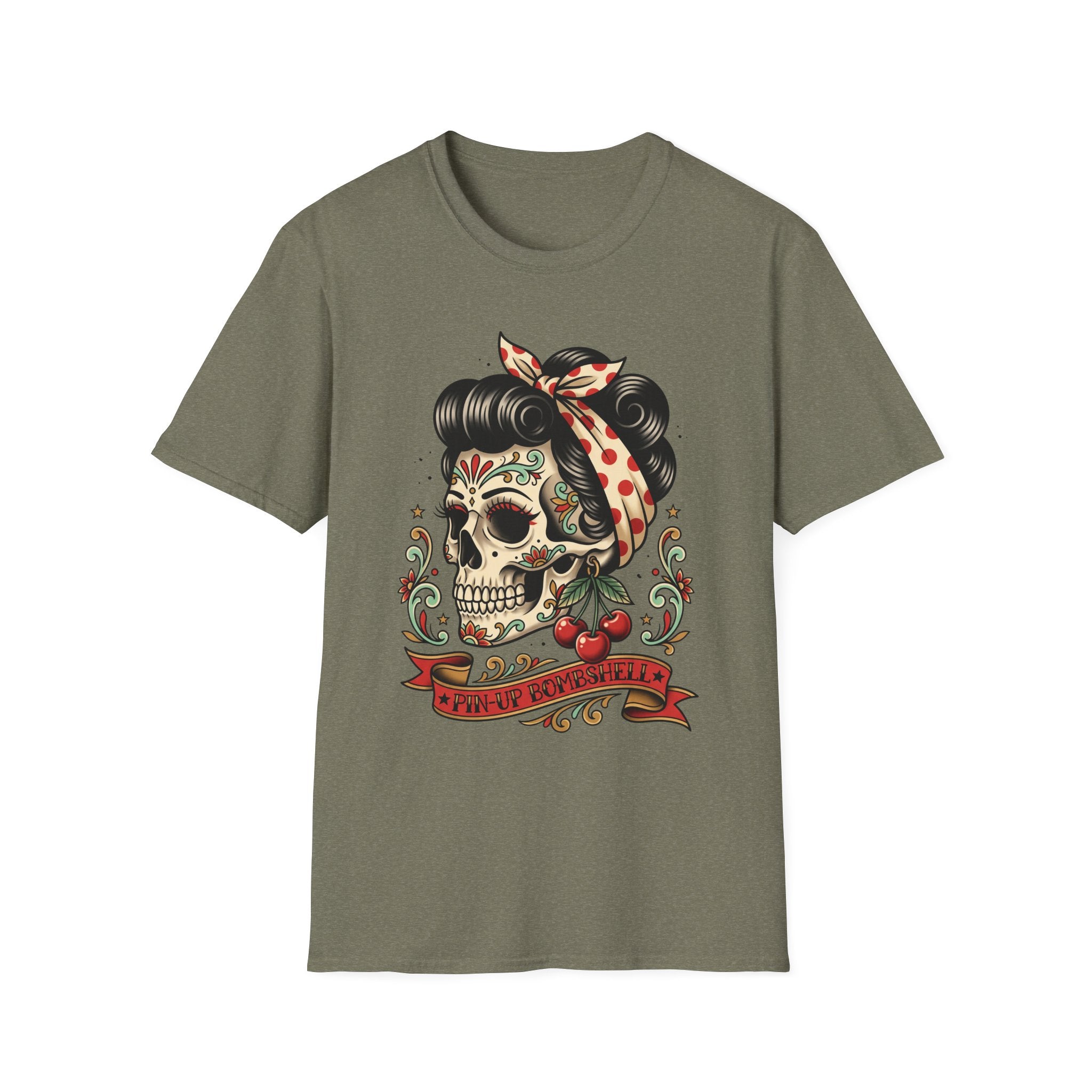 Sugar Skull Pinup T-Shirt in dark olive green with colorful skull pinup graphic