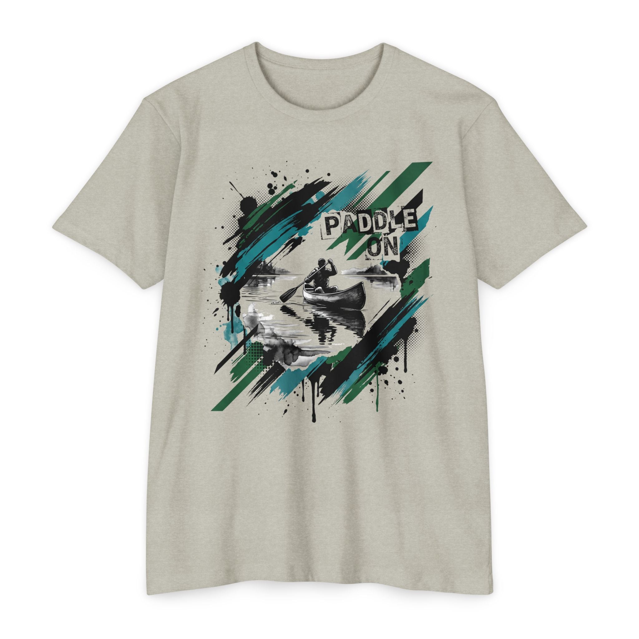 Light gray T-shirt with front kayaking graphic reading “PADDLE ON”