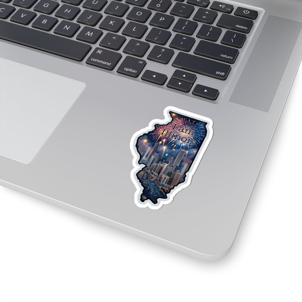 I am Illinois die-cut sticker showing skyline lights, fireworks, and text on map outline