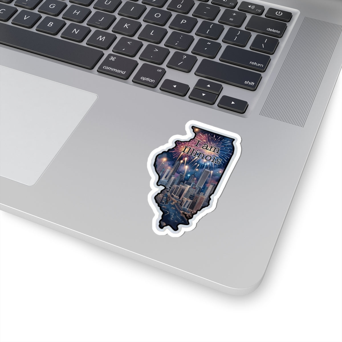 I am Illinois die-cut sticker showing skyline lights, fireworks, and text on map outline