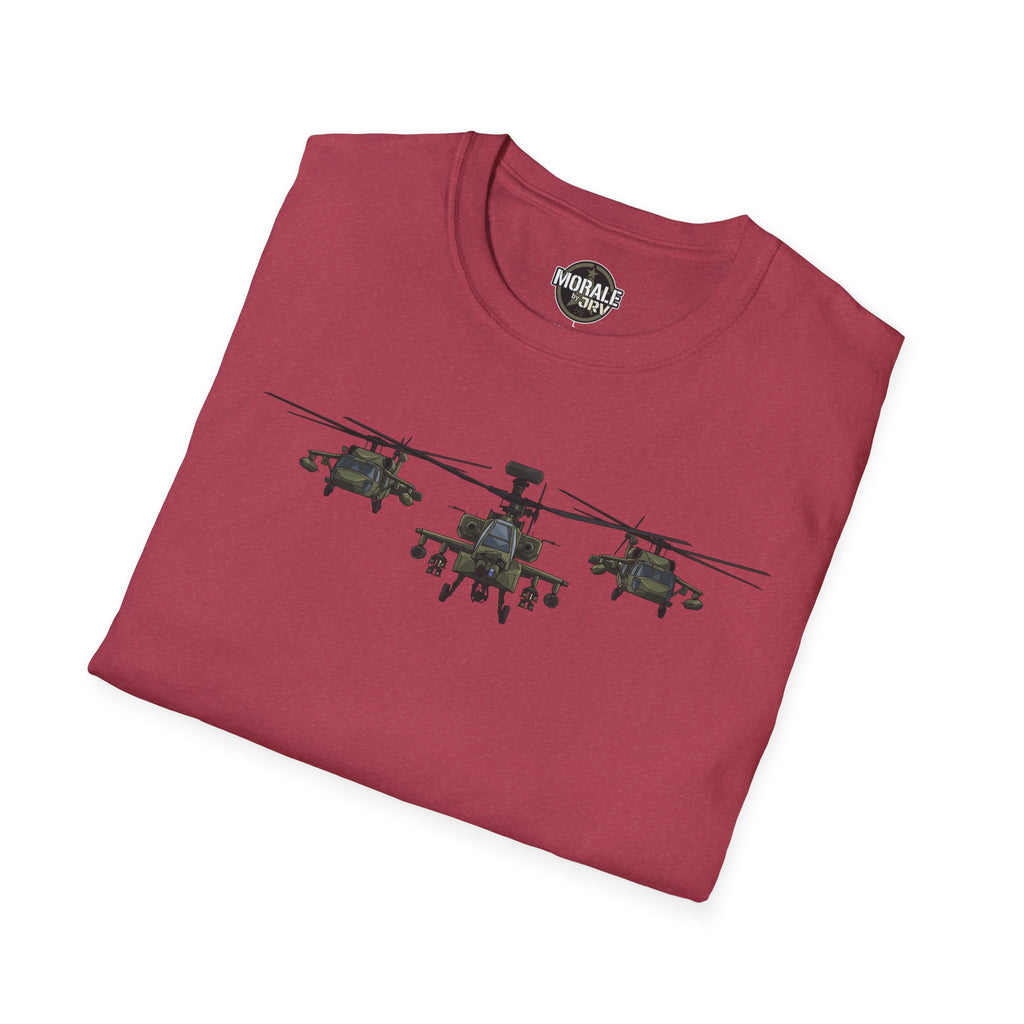 Front graphic tee with three attack helicopter silhouettes and “Morale by Drive” logo