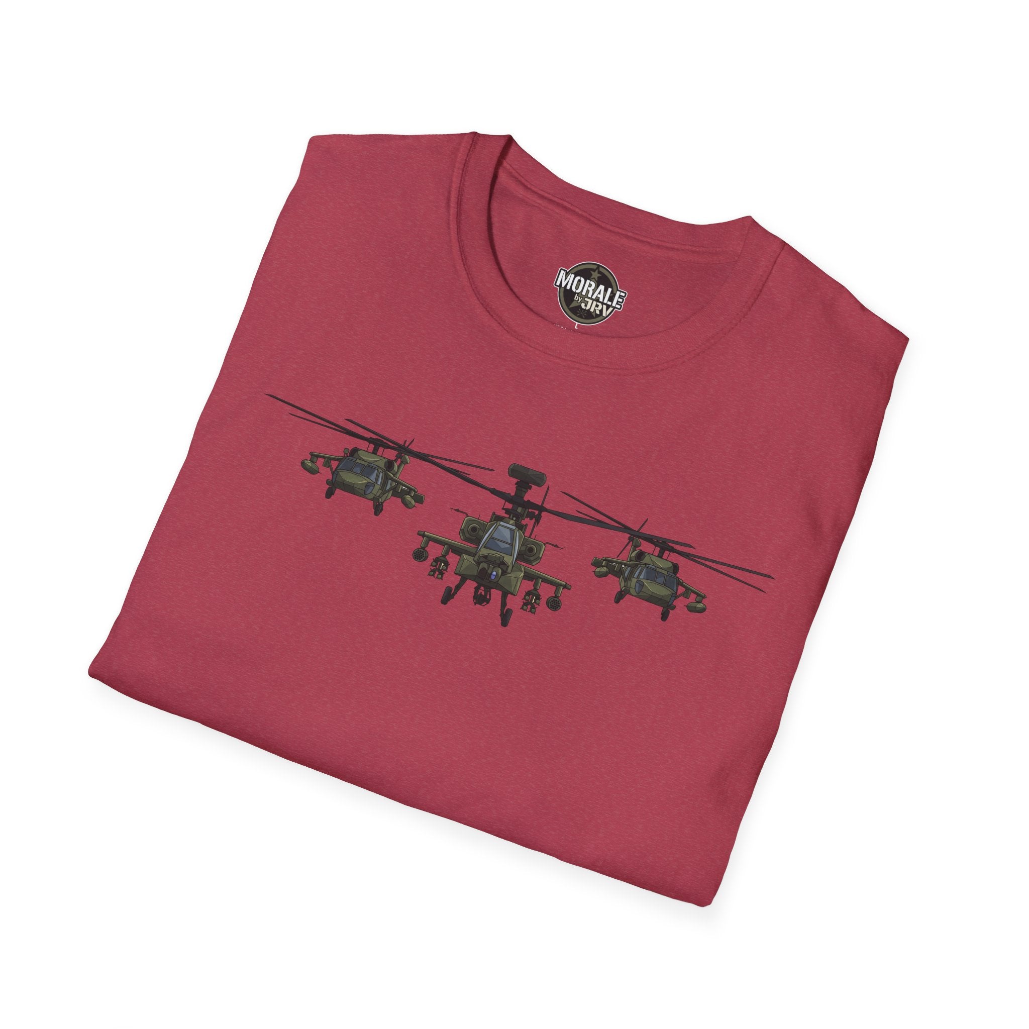 Front graphic tee with three attack helicopter silhouettes and “Morale by Drive” logo