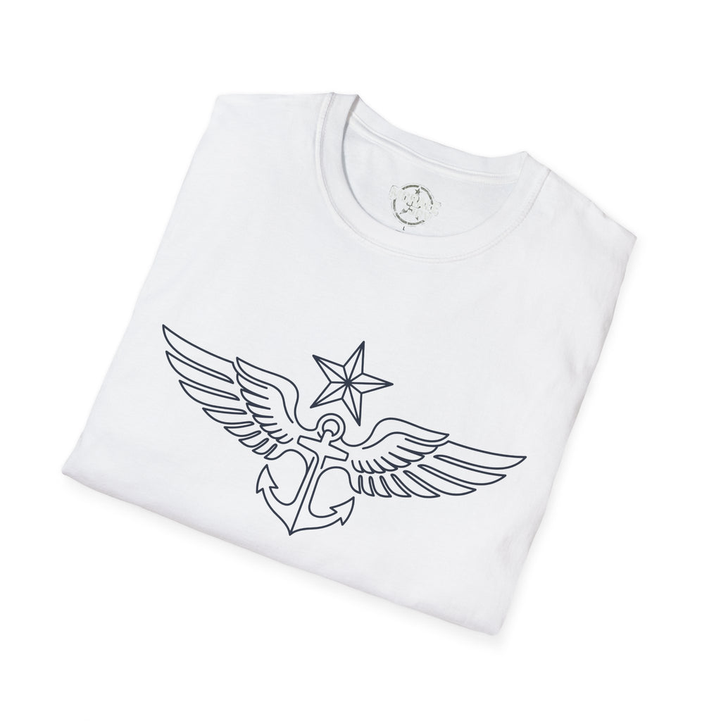 White t-shirt with winged anchor emblem graphic on the chest