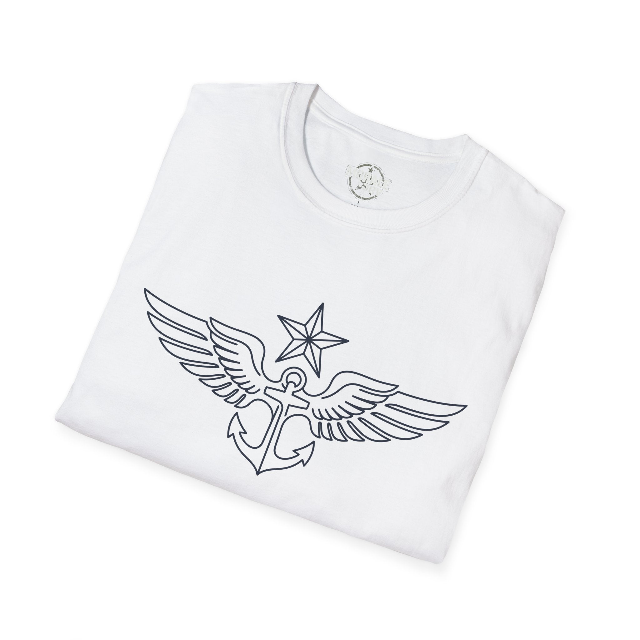 White t-shirt with winged anchor emblem graphic on the chest