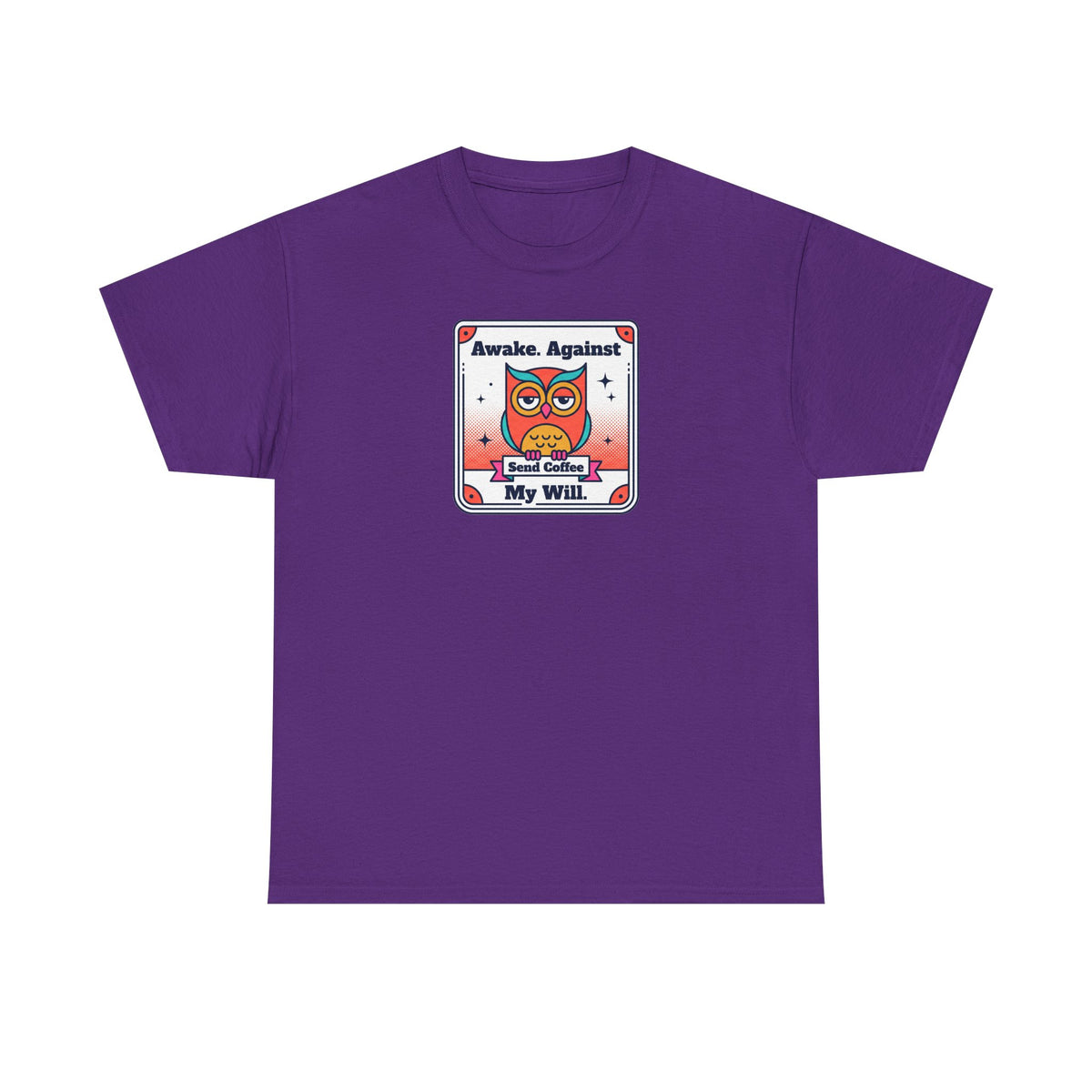 Purple T-shirt with centered owl and coffee graphic print