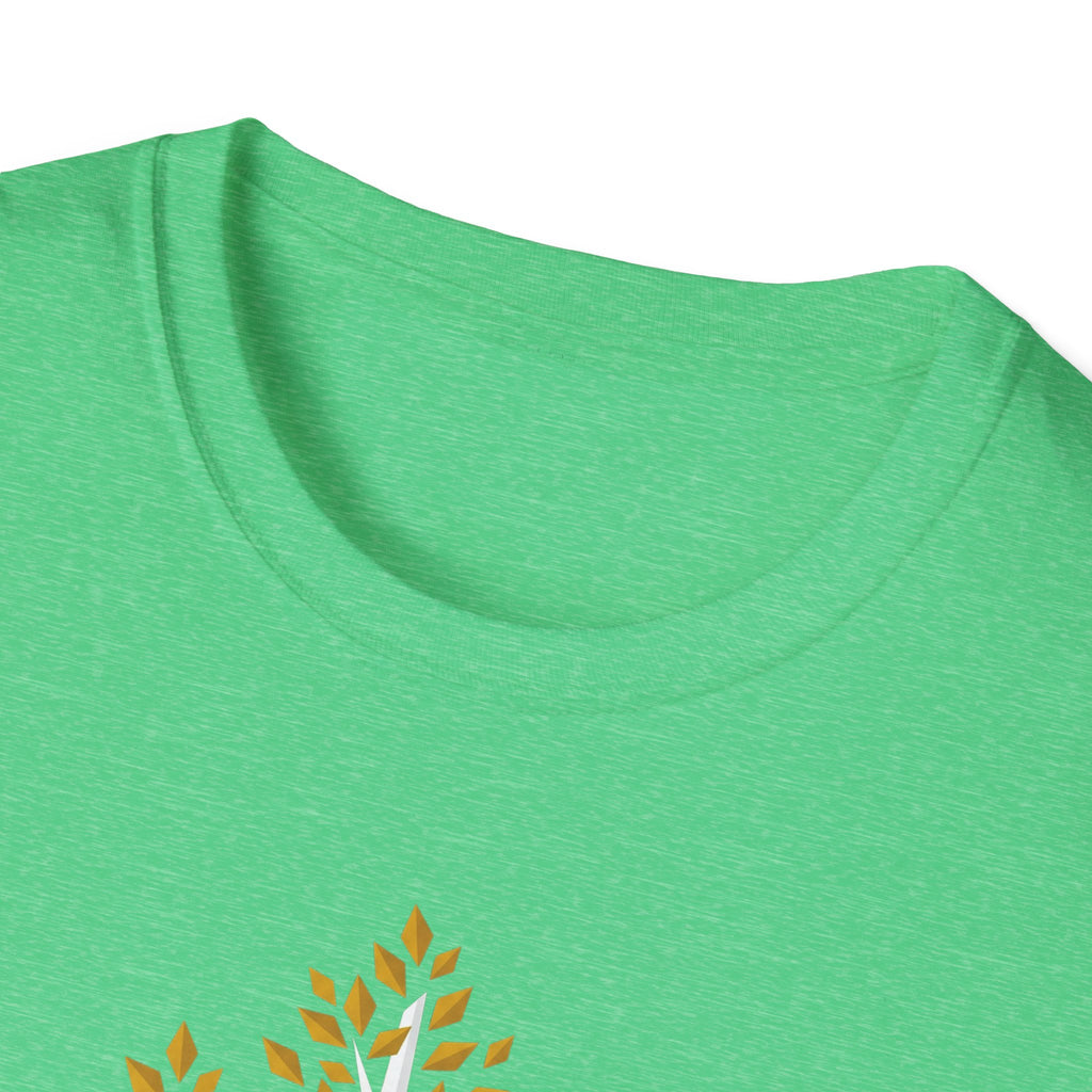 Green T-shirt close-up of neckline with partial birch trees and gold leaves