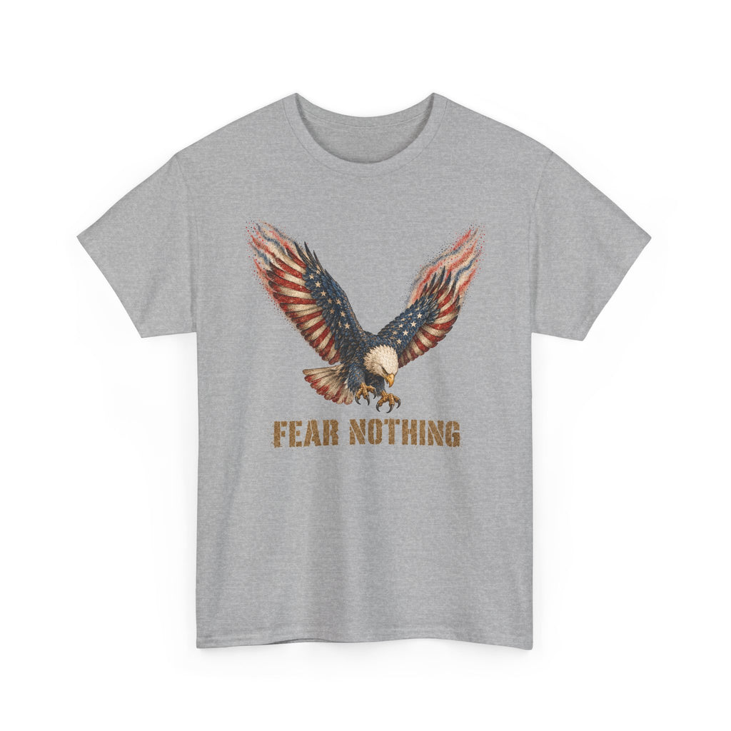 Charcoal t-shirt with eagle graphic and “FEAR NOTHING” text on front