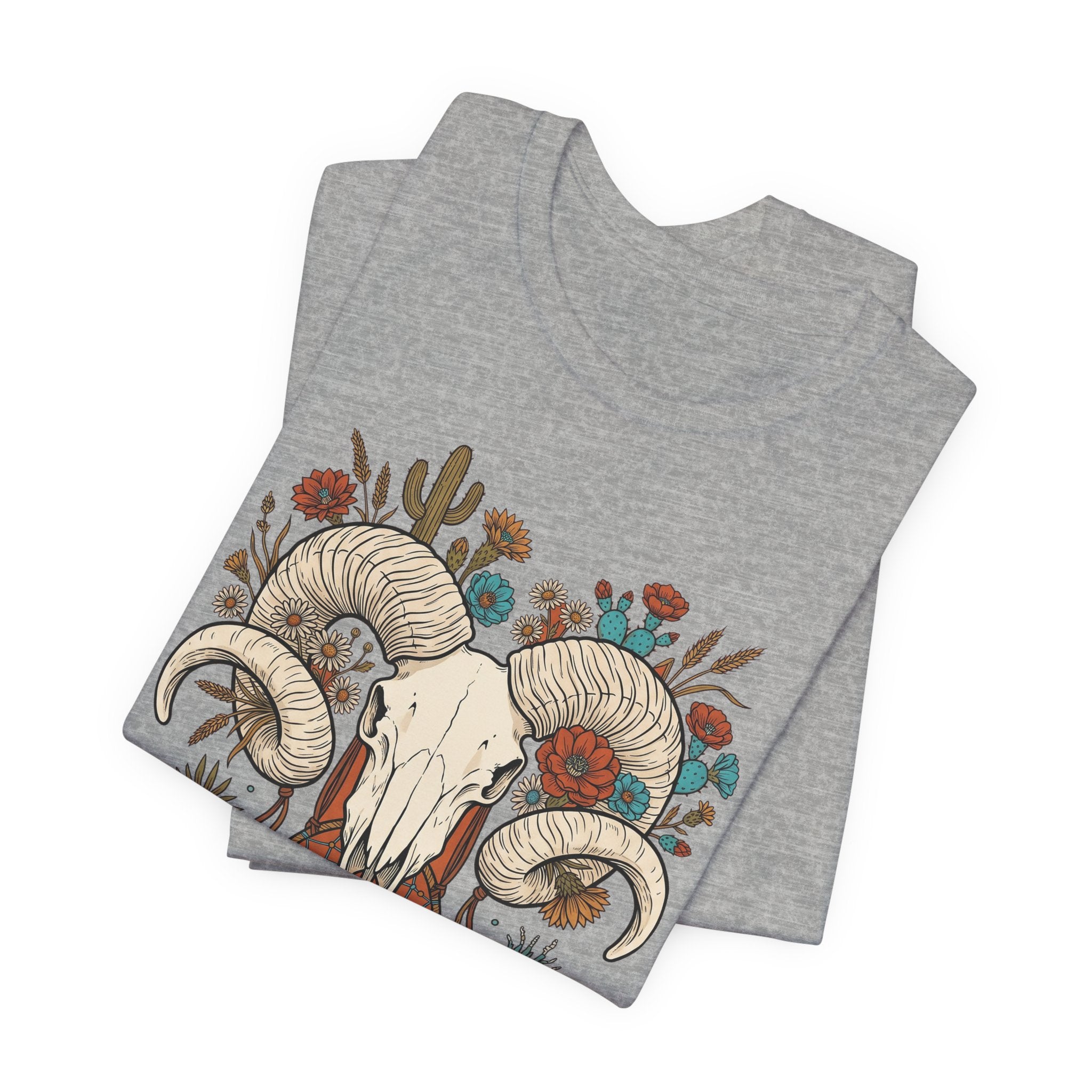 Heather grey t-shirt with ram skull horns floral dreamcatcher and cactus graphic