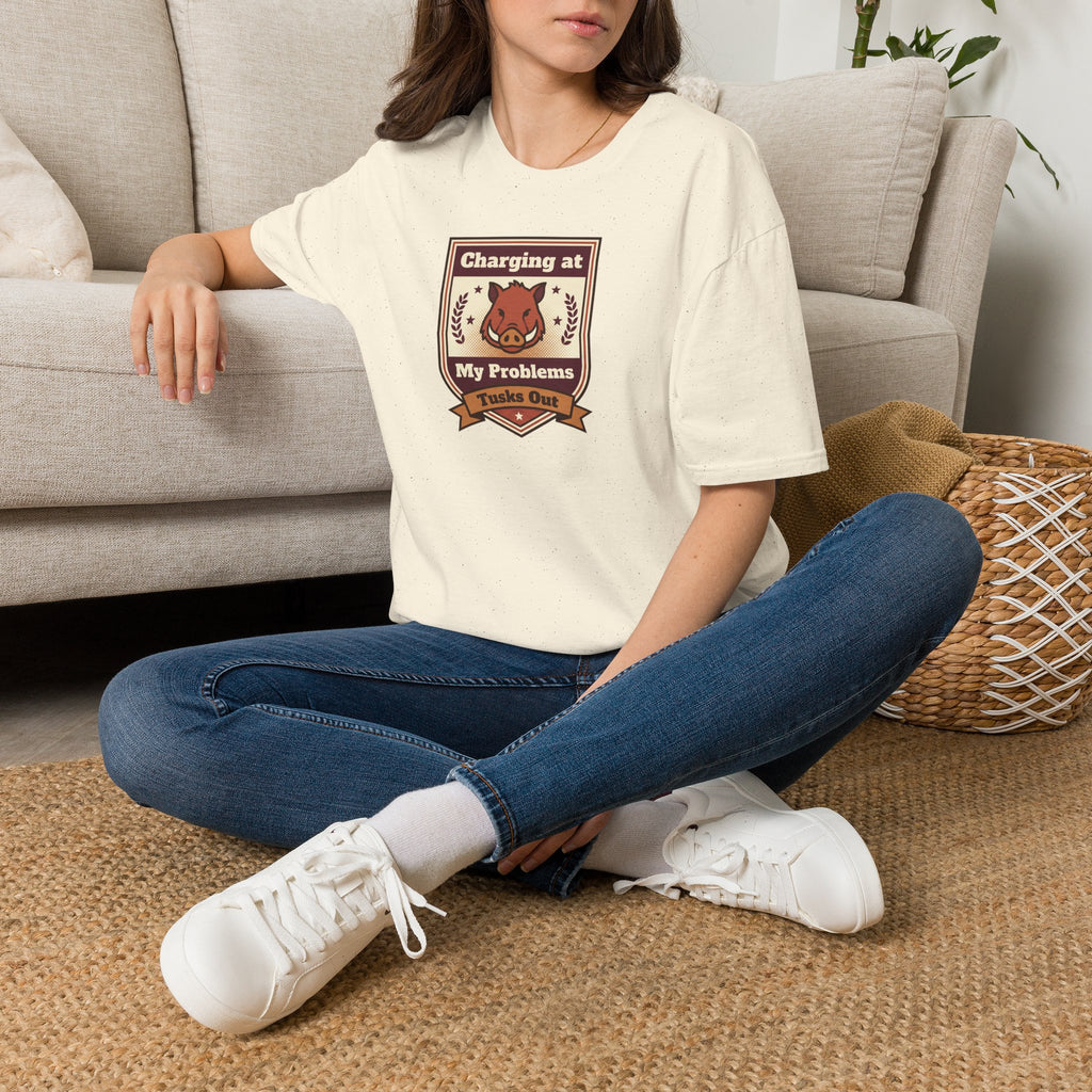 Cream crewneck T-shirt with small chest boar crest graphic