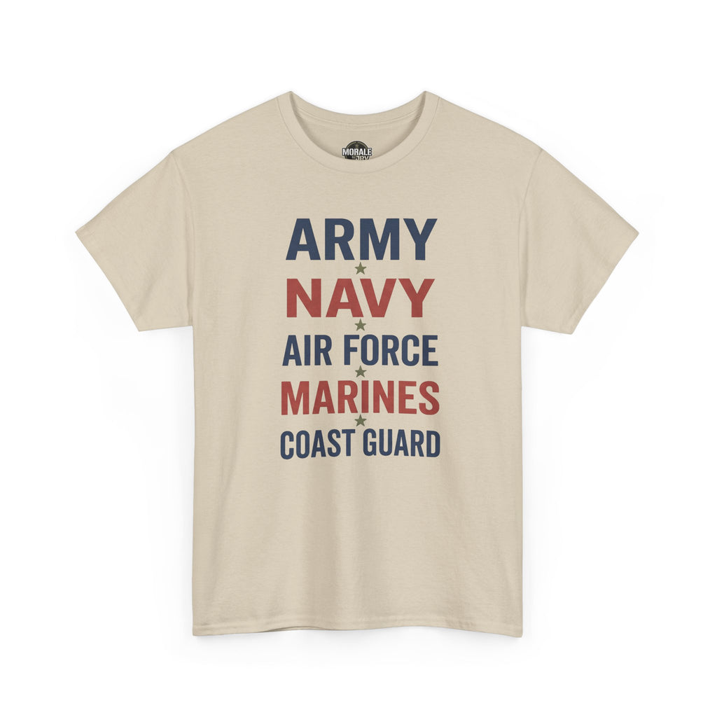 Sand crew-neck T-shirt with stacked Army Navy Air Force Marines Coast Guard text