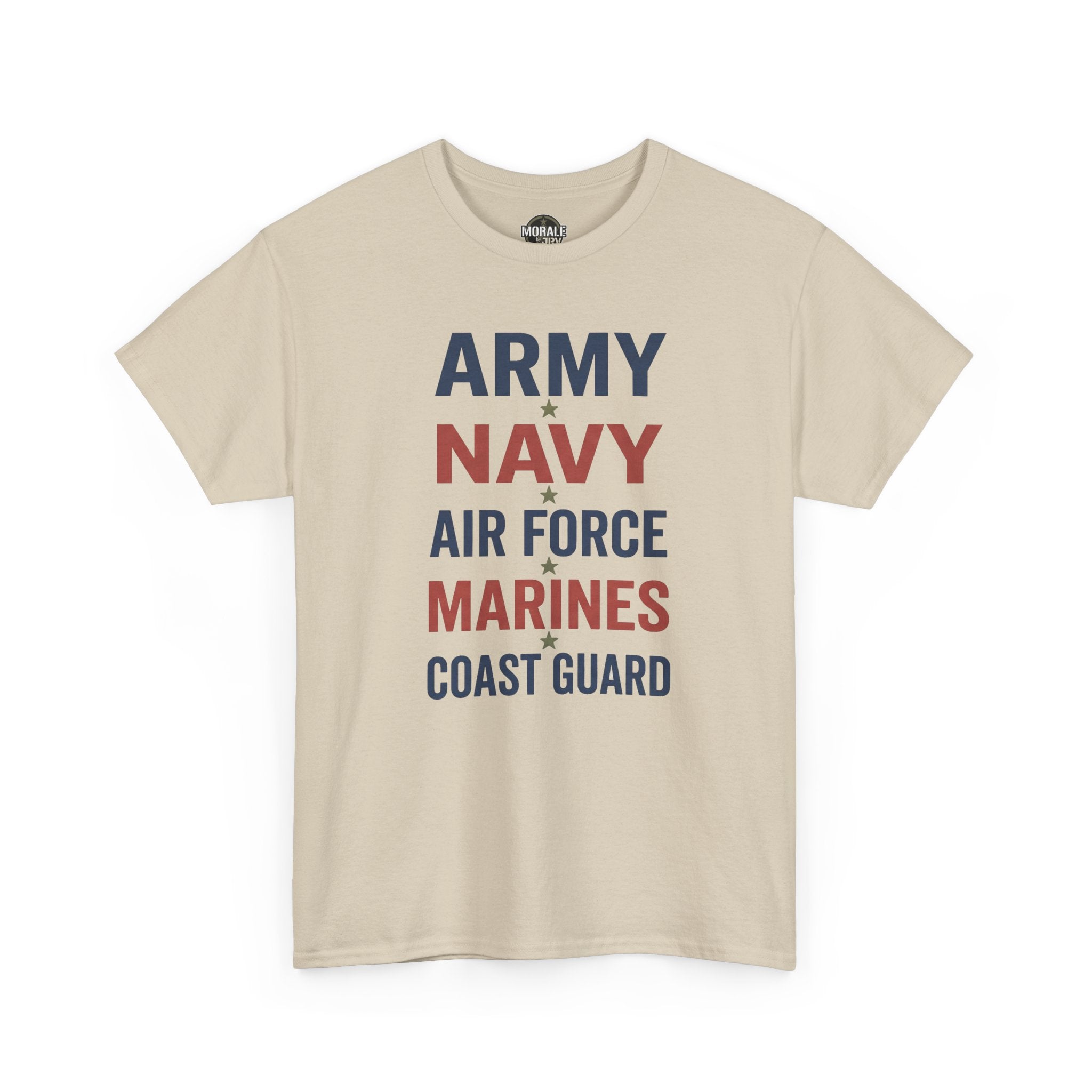 Sand crew-neck T-shirt with stacked Army Navy Air Force Marines Coast Guard text