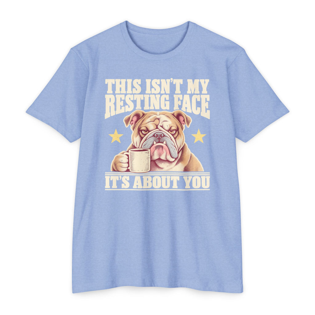 Light blue short-sleeve T-shirt with grumpy bulldog holding a coffee mug graphic