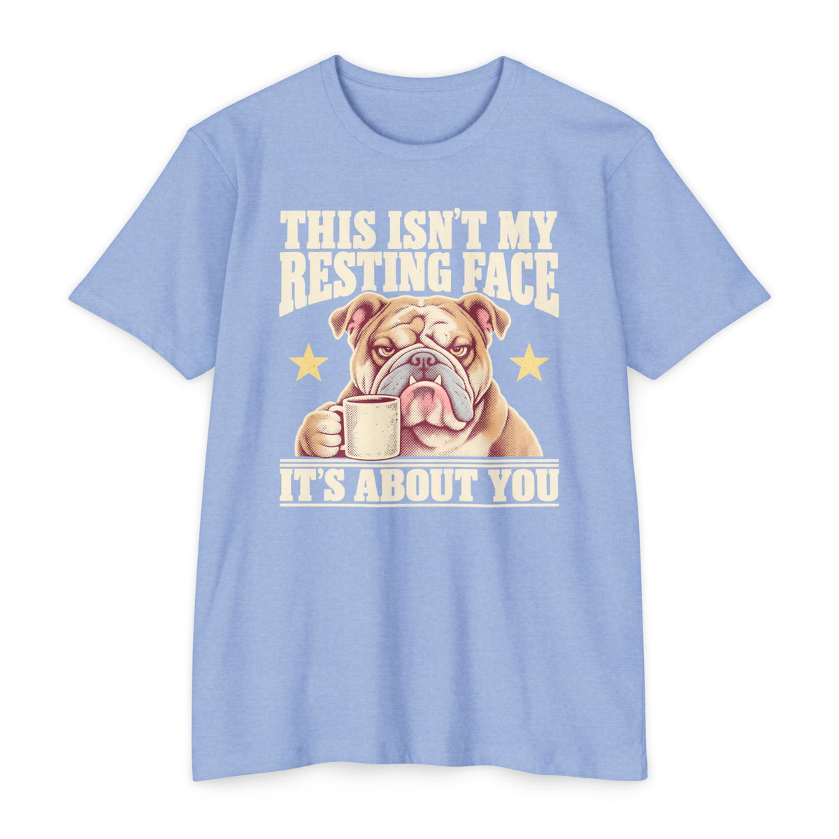 Light blue short-sleeve T-shirt with grumpy bulldog holding a coffee mug graphic